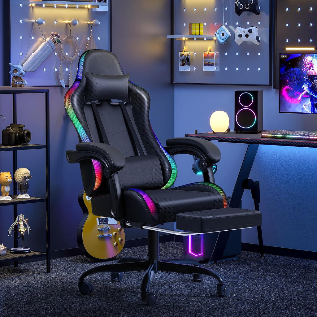 Furmax Gaming Chair with RGB LED Lights, Video Game Chair with Footrest and Massage Lumbar Support, High Back Reclining Computer Chair with Headrest, Swivel Seat Gamer Chair (LED Black)