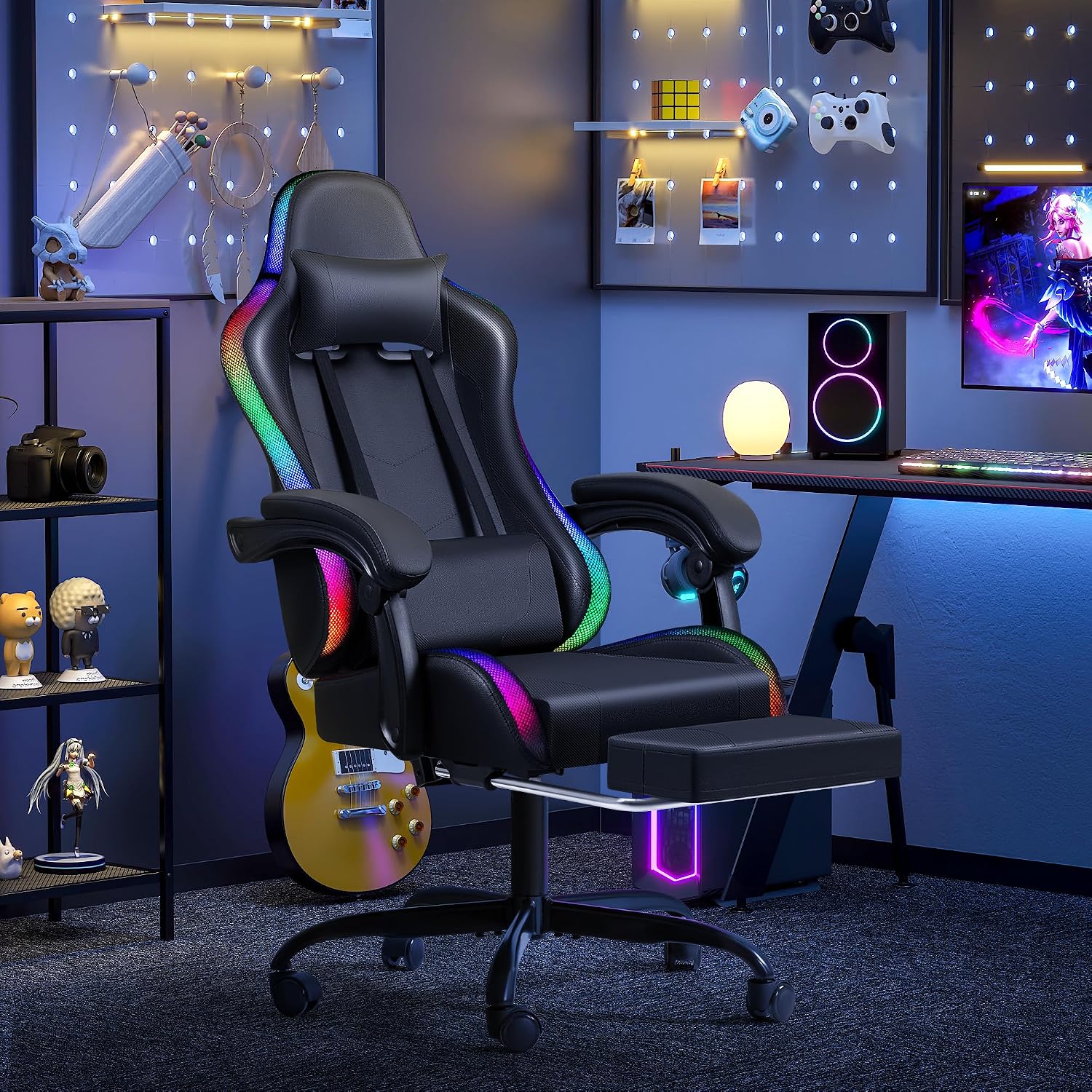 Furmax Gaming Chair with RGB LED Lights, Video Game Chair with Footrest and Massage Lumbar Support, High Back Reclining Computer Chair with Headrest, Swivel Seat Gamer Chair (LED Black)