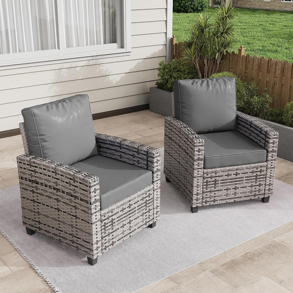 BUPPLEE 2 Pieces Patio Furniture Set, Outdoor Wicker Chairs Set of 2, All Weather High Back Rattan Chairs, Seating Club Chair Porch Chairs Set with Cushions for Balcony Porch Deck, Grey2