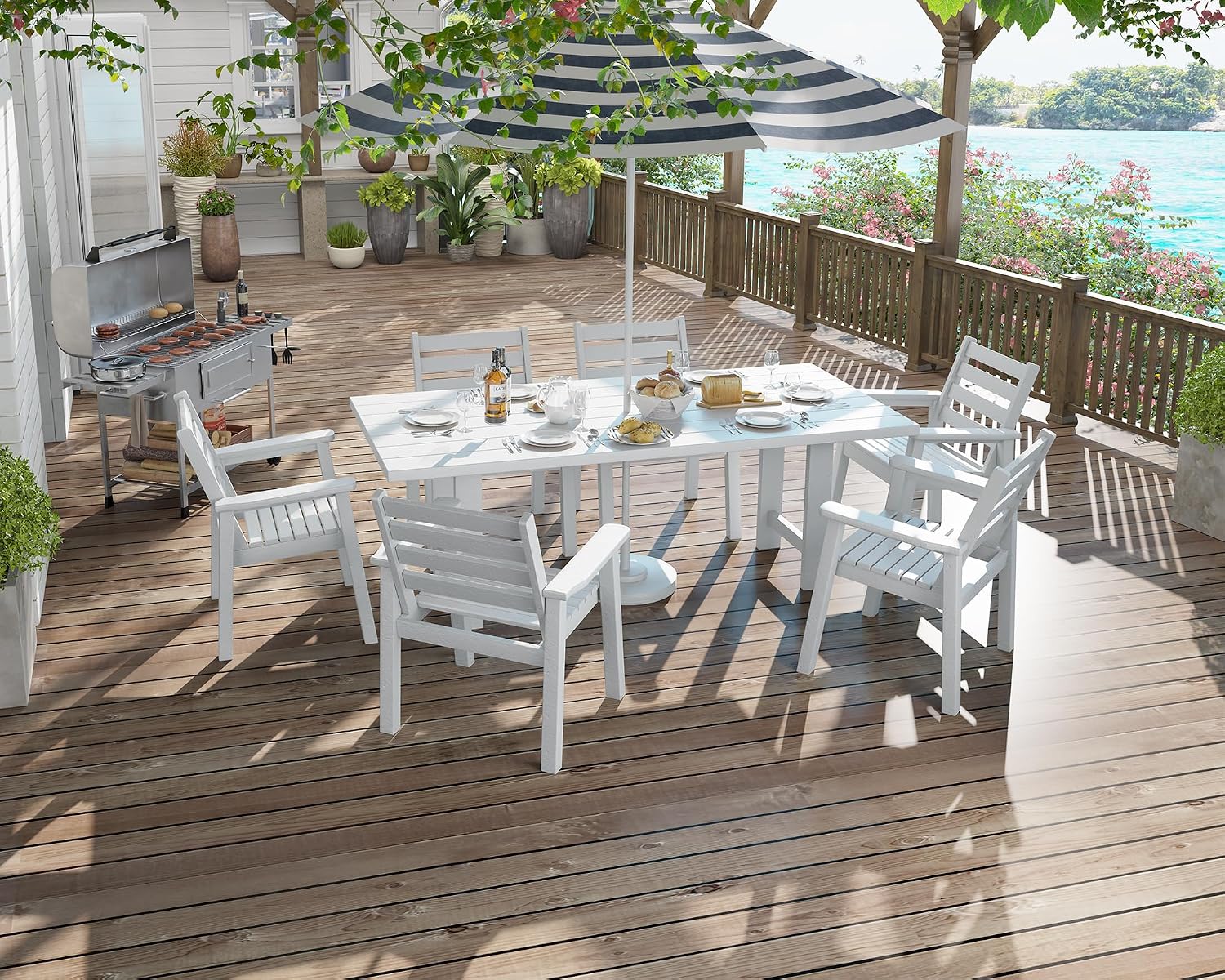 AMERLIFE 7-Piece HDPE Outdoor Dining Table Set with 6 Chairs, 71' L Patio Dining Furniture Set with Umbrella Hole, Modern Dinner Table & Chairs Set for Garden, Backyard, Poolside, White