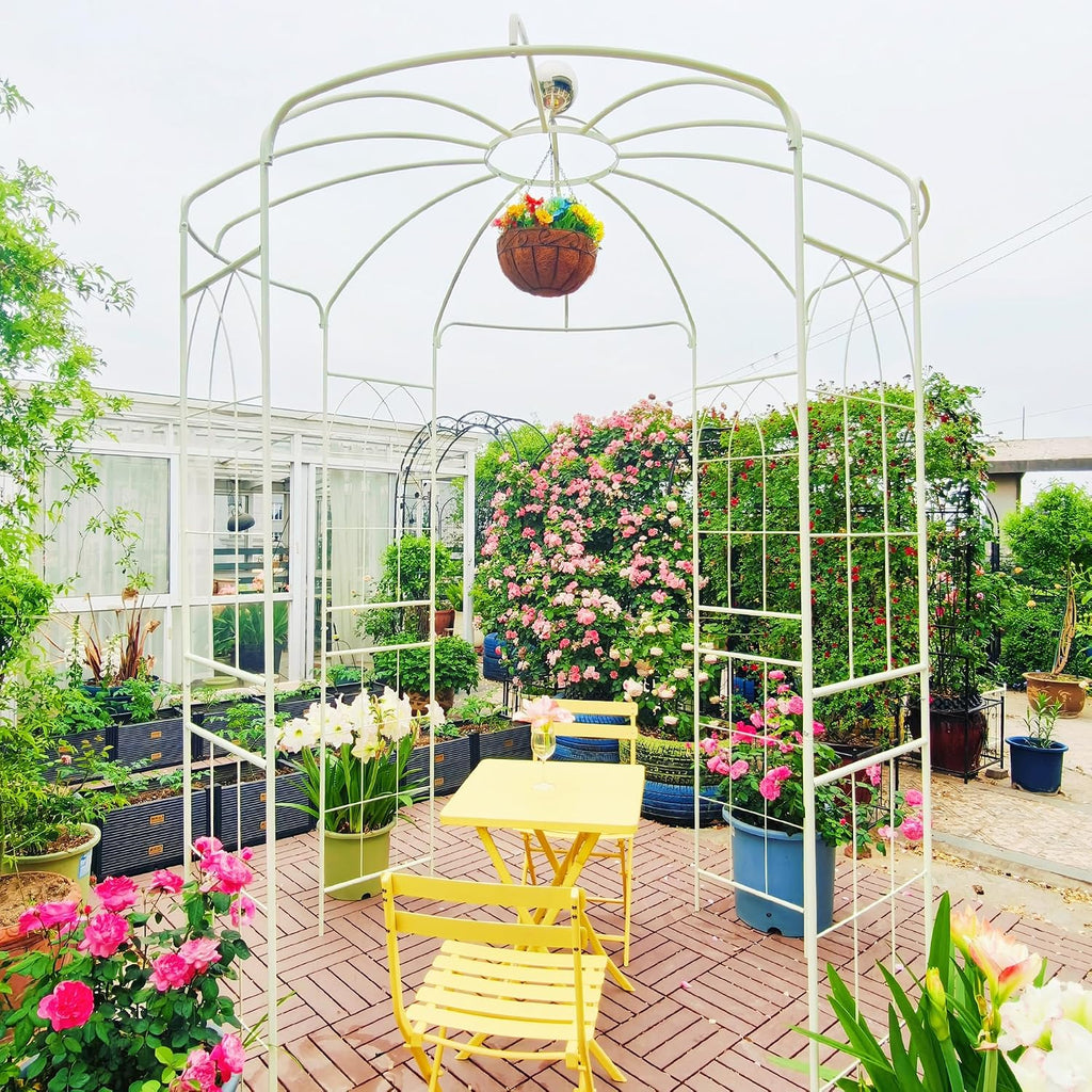 Metal Garden Trellis Arbor Arch Gazebo Birdcage Shape, Off White Pergola Pavilion fpr Climbing Plants Rack French Style Wedding Decoration Lawn