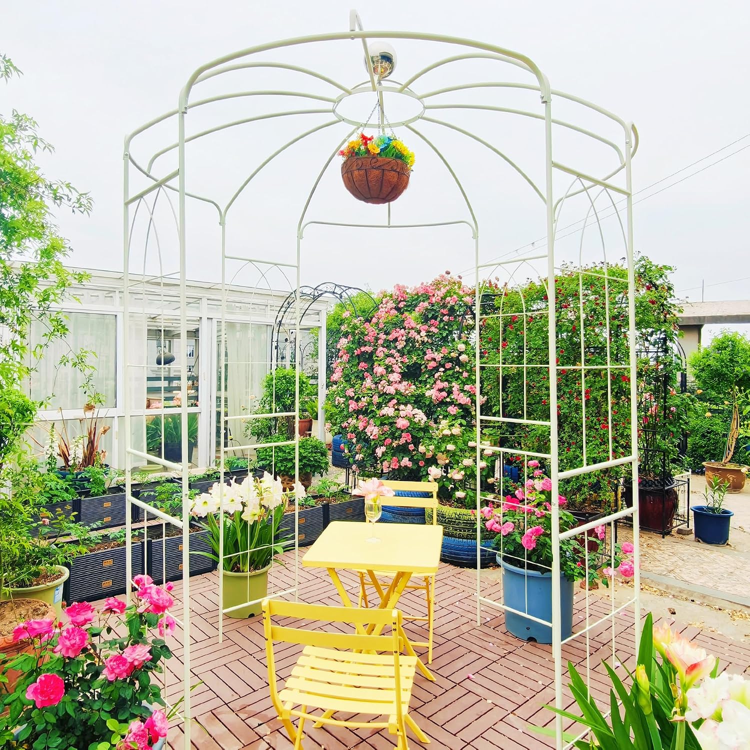Metal Garden Trellis Arbor Arch Gazebo Birdcage Shape, Off White Pergola Pavilion fpr Climbing Plants Rack French Style Wedding Decoration Lawn