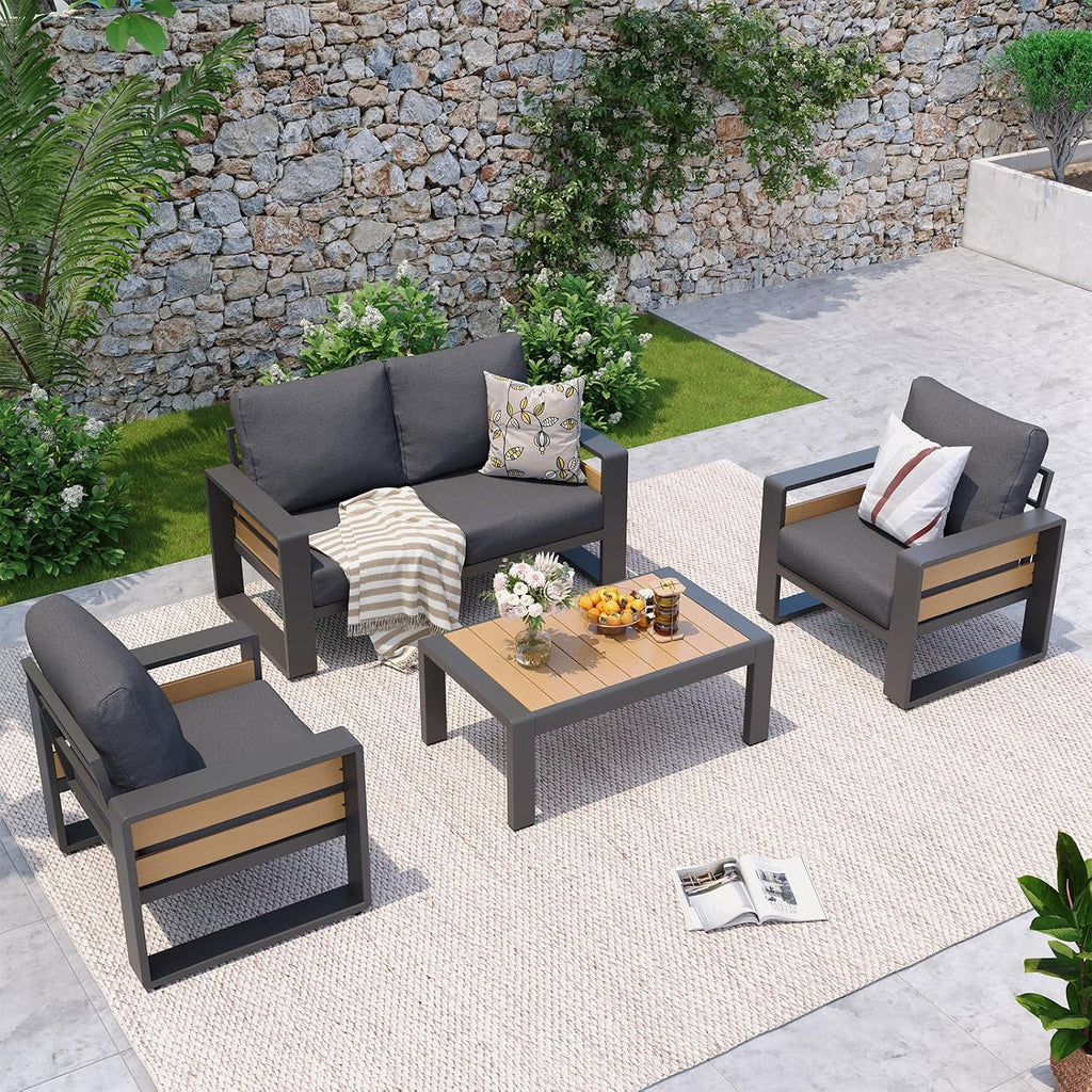 Aoxun Aluminum Patio Furniture Set, 4 Seats Sectional Metal Patio Furniture with Coffee Table, Thick Cushions and Waterproof Cover, Modern Outside Sectional Set for Backyard/Garden/Poolside, Dark Grey