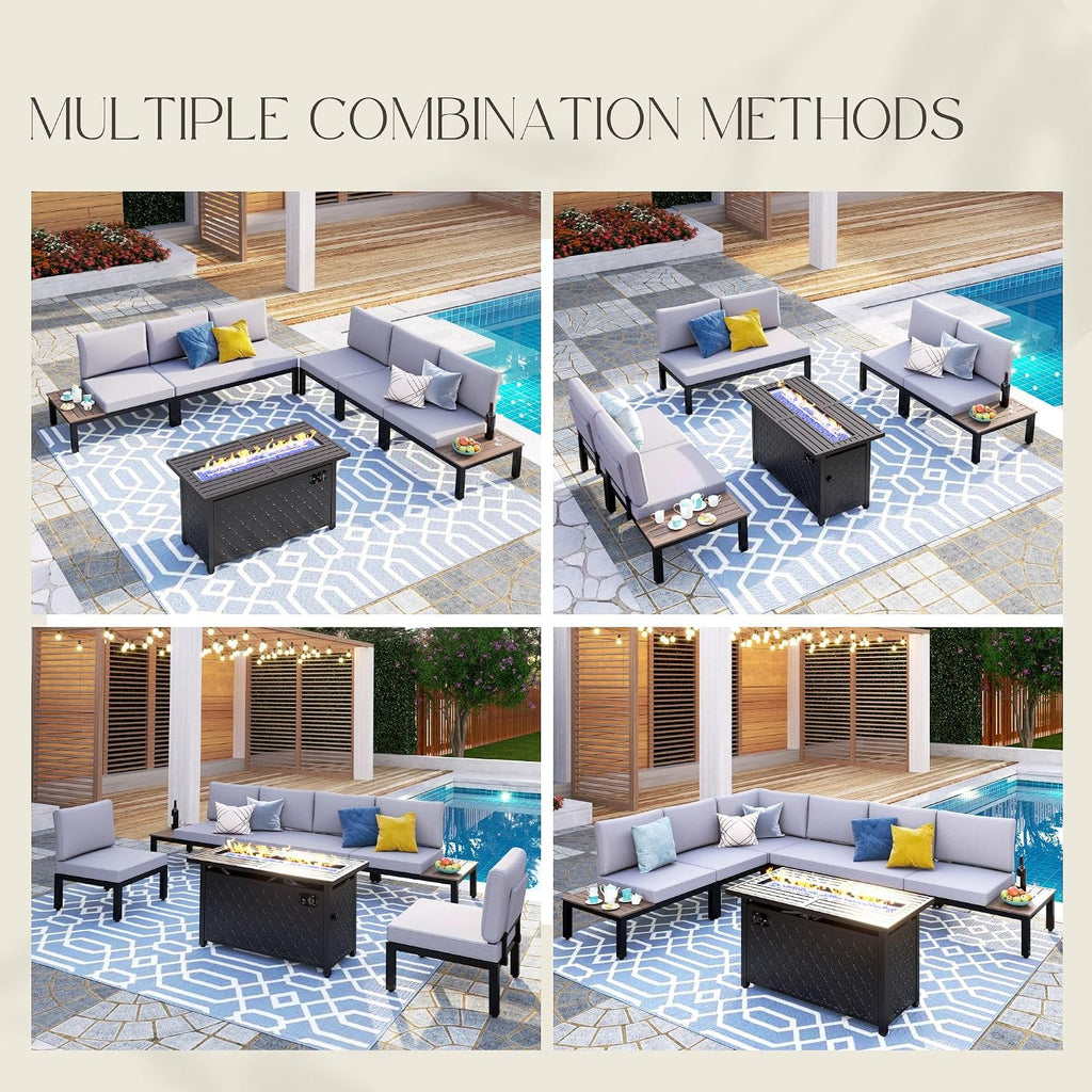 PHI VILLA Metal Patio Furniture Set with Fire Pit Table 6 Piece Modular Modern Outdoor Sectional Sofa Garden Bench Set with Wrought Iron, Light Grey Cushion