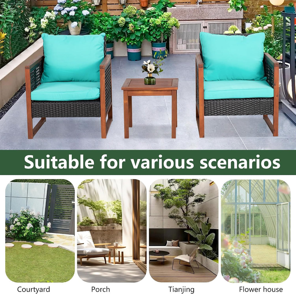 PayLessHere 3 Pieces Patio Set Wicker Patio Furniture Acacia Wood Outdoor Patio Furniture Set Rattan Chair Conversation Sets Bistro Set with Coffee Table and Water Resistant Cushions(Blue)