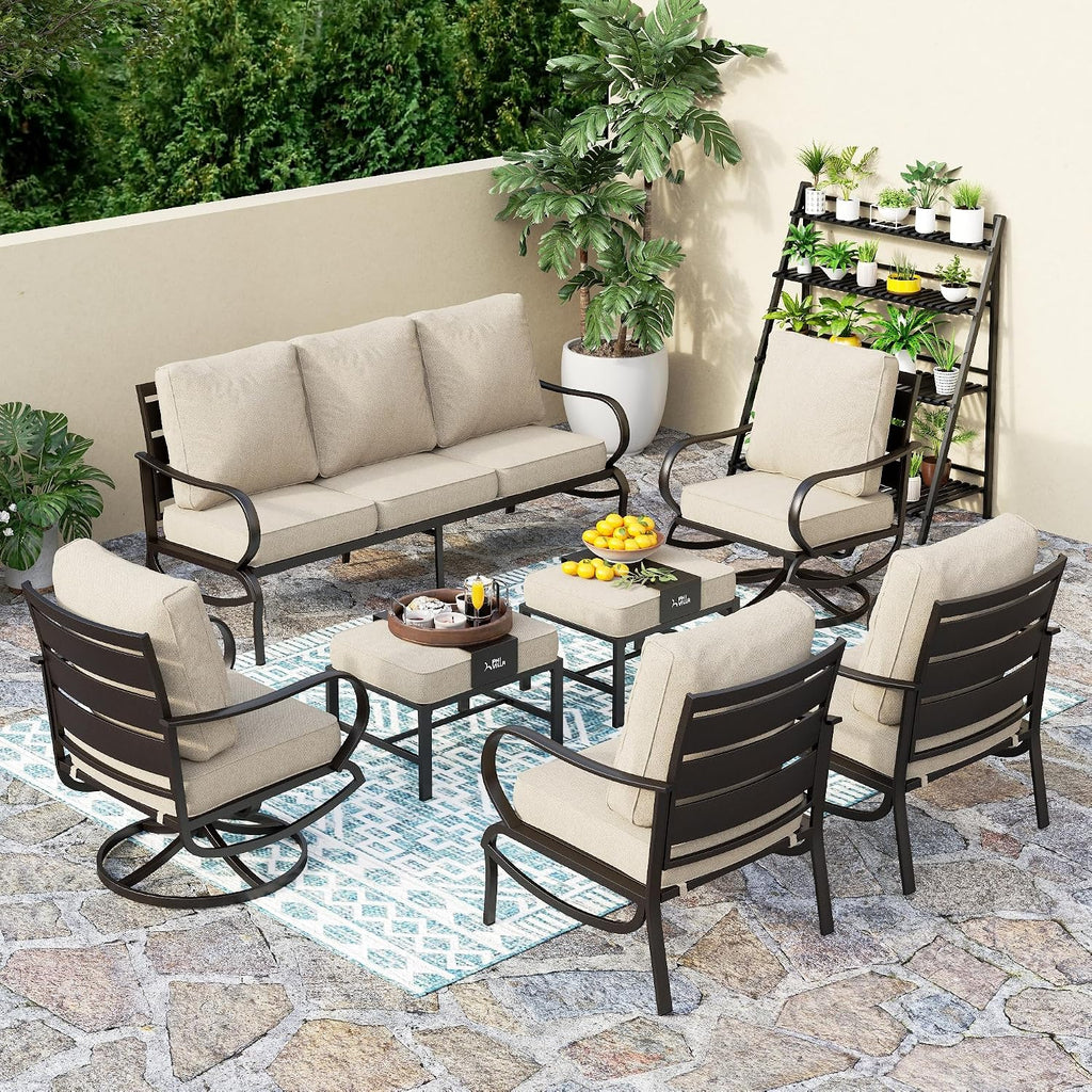 PHI VILLA 7 PCS Patio Furniture Set,Metal Outdoor Furniture with 1x 3 Seater Cushioned Deep Seating Bench Sofa, 2 Swivel Chair, 2 x Leg Chairs & 2 Ottoman,Outdoor Seating for 7 Person