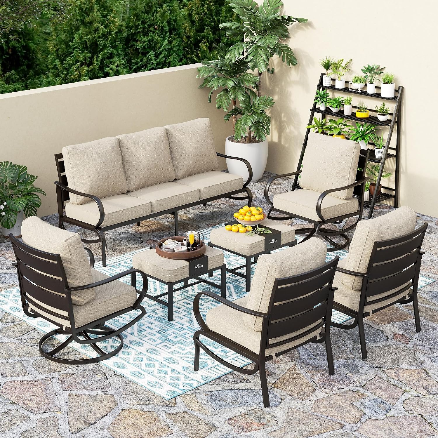 PHI VILLA 7 PCS Patio Furniture Set,Metal Outdoor Furniture with 1x 3 Seater Cushioned Deep Seating Bench Sofa, 2 Swivel Chair, 2 x Leg Chairs & 2 Ottoman,Outdoor Seating for 7 Person