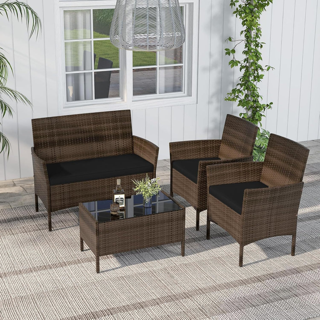RELAX4LIFE 4-Piece Patio Furniture Set - Rattan Outdoor Conversation Bistro Set w/Cushions, Glass Coffee Table, Wicker Chairs & Loveseat for Garden Backyard Porch, Balcony Furniture Set (1, Black)
