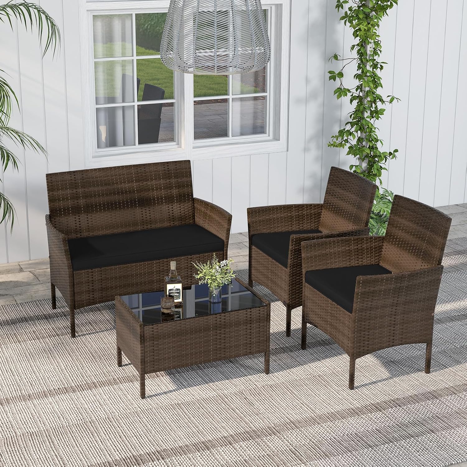 RELAX4LIFE 4-Piece Patio Furniture Set - Rattan Outdoor Conversation Bistro Set w/Cushions, Glass Coffee Table, Wicker Chairs & Loveseat for Garden Backyard Porch, Balcony Furniture Set (1, Black)
