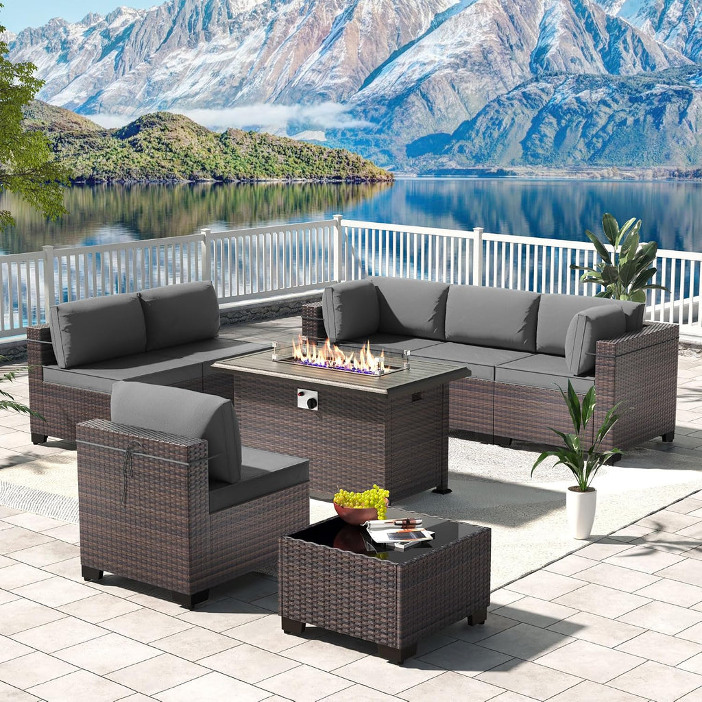 Kullavik 8 Pieces Outdoor Patio Furniture Set with 43' 55000BTU Gas Propane Fire Pit Table PE Wicker Rattan Sectional Sofa Patio Conversation Sets,Grey