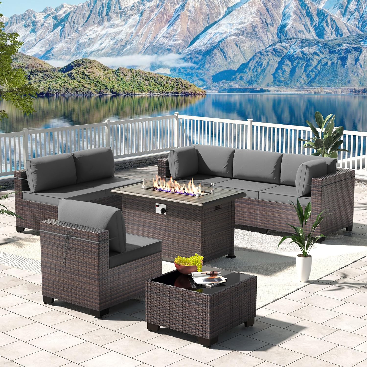 Kullavik 8 Pieces Outdoor Patio Furniture Set with 43' 55000BTU Gas Propane Fire Pit Table PE Wicker Rattan Sectional Sofa Patio Conversation Sets,Grey