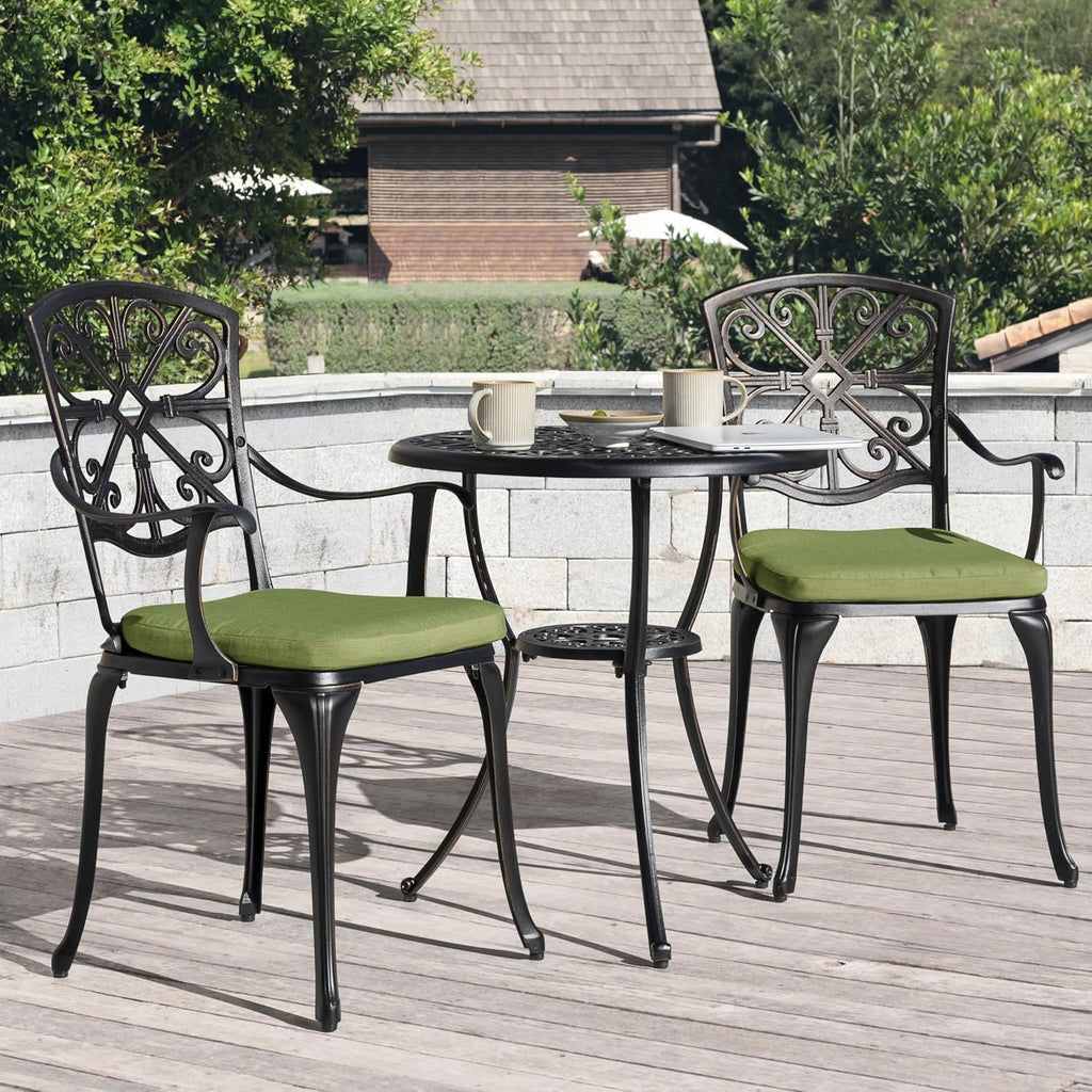 NUU GARDEN 3-Piece Outdoor Bistro Set with Cushions, Round 24 Inch Cast Aluminum Round Table with 1.77' Umbrella Hole and 2 Cast Aluminum Armchairs with Cushions, Black with Gold-Painted Edge