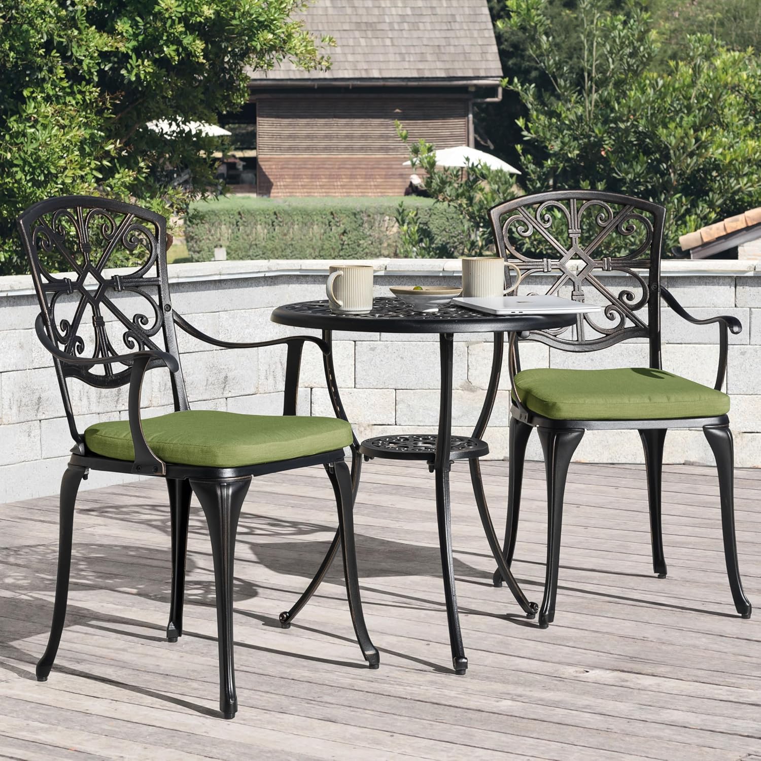 NUU GARDEN 3-Piece Outdoor Bistro Set with Cushions, Round 24 Inch Cast Aluminum Round Table with 1.77' Umbrella Hole and 2 Cast Aluminum Armchairs with Cushions, Black with Gold-Painted Edge