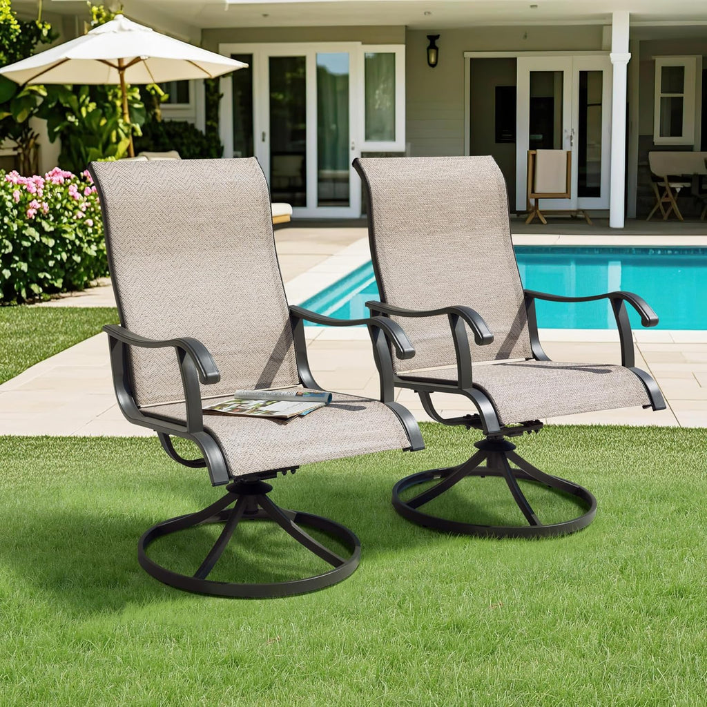 NUU GARDEN Patio Swivel Chairs Set of 2, Outdoor Dining Chairs with Armrests, Swivel Textilene Patio Dining Chair for All Weather, with Metal Frame, for Garden, Backyard, Deck, Poolside, Beige