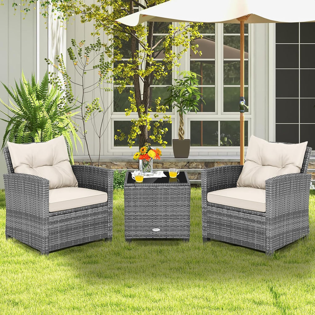 COSTWAY 3PCS Patio Furniture Set, PE Rattan Wicker Sofa w/Washable Cushion and Coffee Table, Tempered Glass Tabletop, Outdoor Conversation Set for Balcony, Porch, Yard, Backyard, Lawn (White)