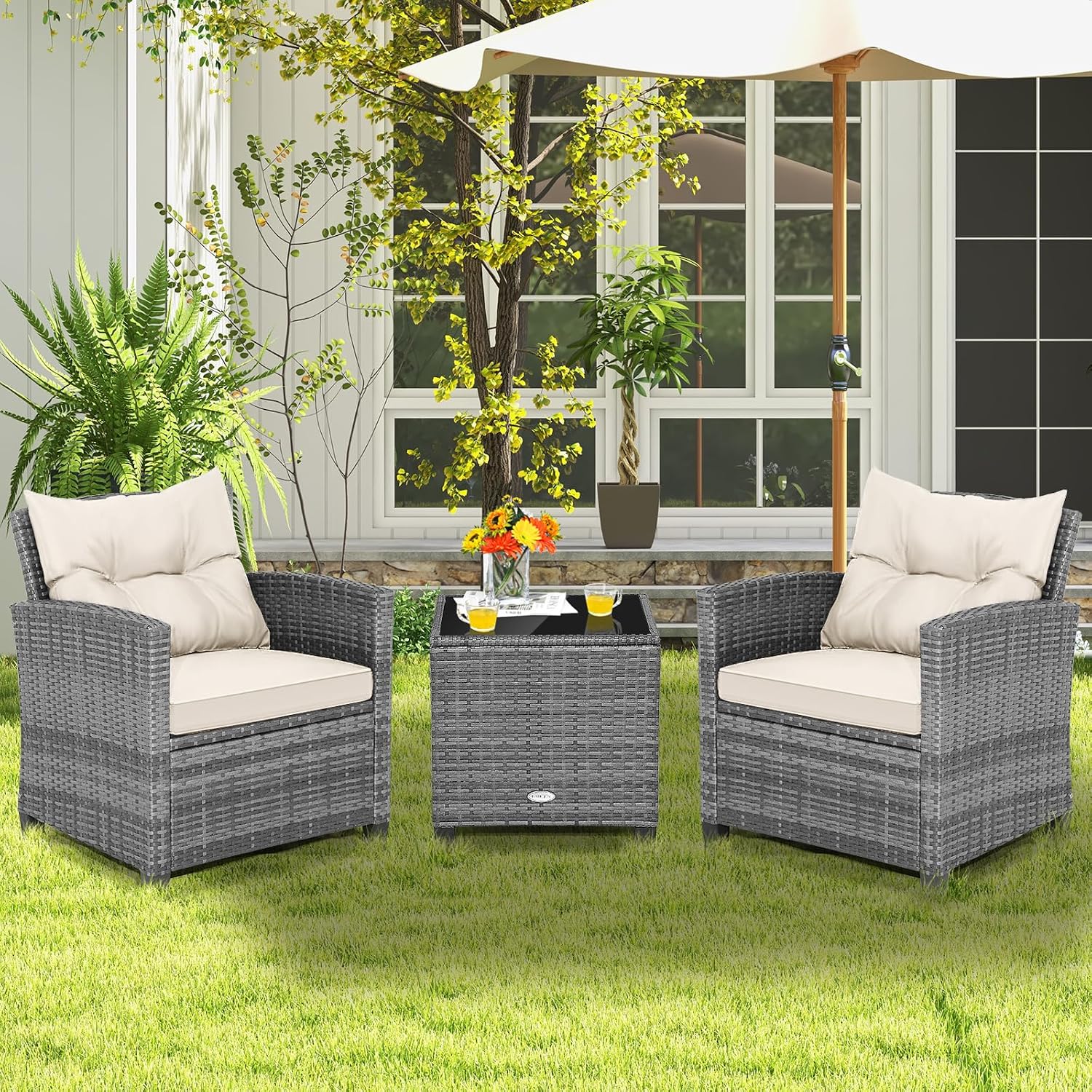 COSTWAY 3PCS Patio Furniture Set, PE Rattan Wicker Sofa w/Washable Cushion and Coffee Table, Tempered Glass Tabletop, Outdoor Conversation Set for Balcony, Porch, Yard, Backyard, Lawn (White)
