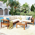 4 Piece Outdoor Patio Furniture Set, L-Shaped Patio Sofa Set with Coffee Table and Woven Mesh Armrests, All-Weather Conversation Seat with Cushions and Side Table (Beige+Brown)