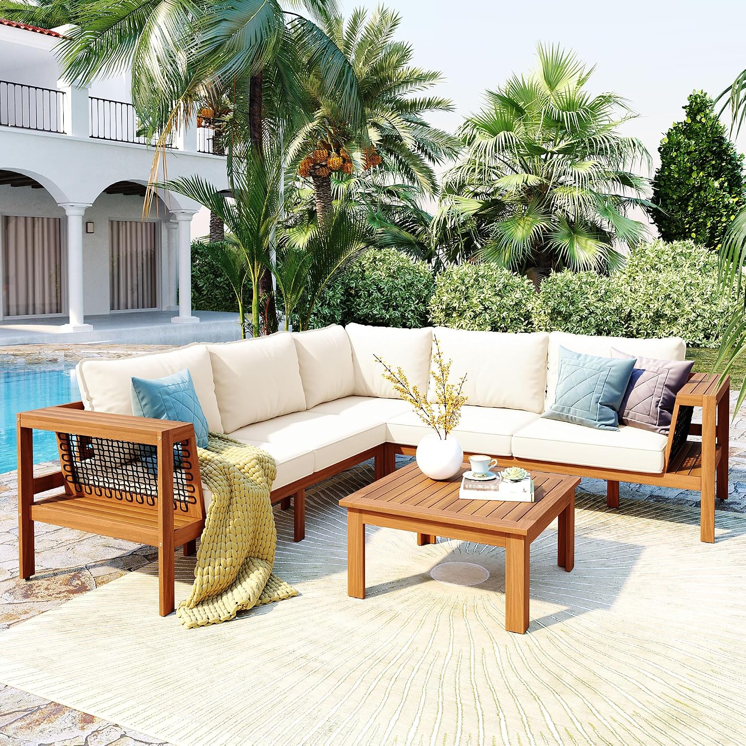 4 Piece Outdoor Patio Furniture Set, L-Shaped Patio Sofa Set with Coffee Table and Woven Mesh Armrests, All-Weather Conversation Seat with Cushions and Side Table (Beige+Brown)