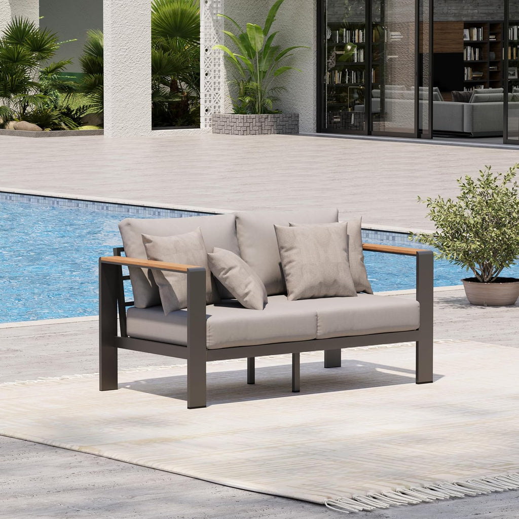 Aluminum Outdoor Patio Furniture Loveseat, All-Weather Outdoor Patio Sofa with Washable Thick Cushion, Patio Sofa Couch for Porch, Balcony, Deck, Yard, Gray