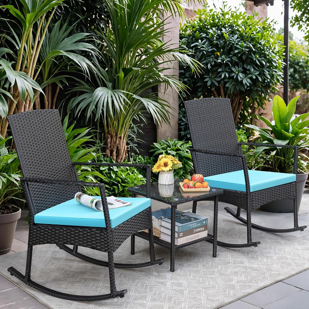 Greesum 3 Pieces Patio Furniture Set Outdoor Wicker Rocking Chairs with Glass Coffee Table for Garden Backyard Porch Poolside, Blue