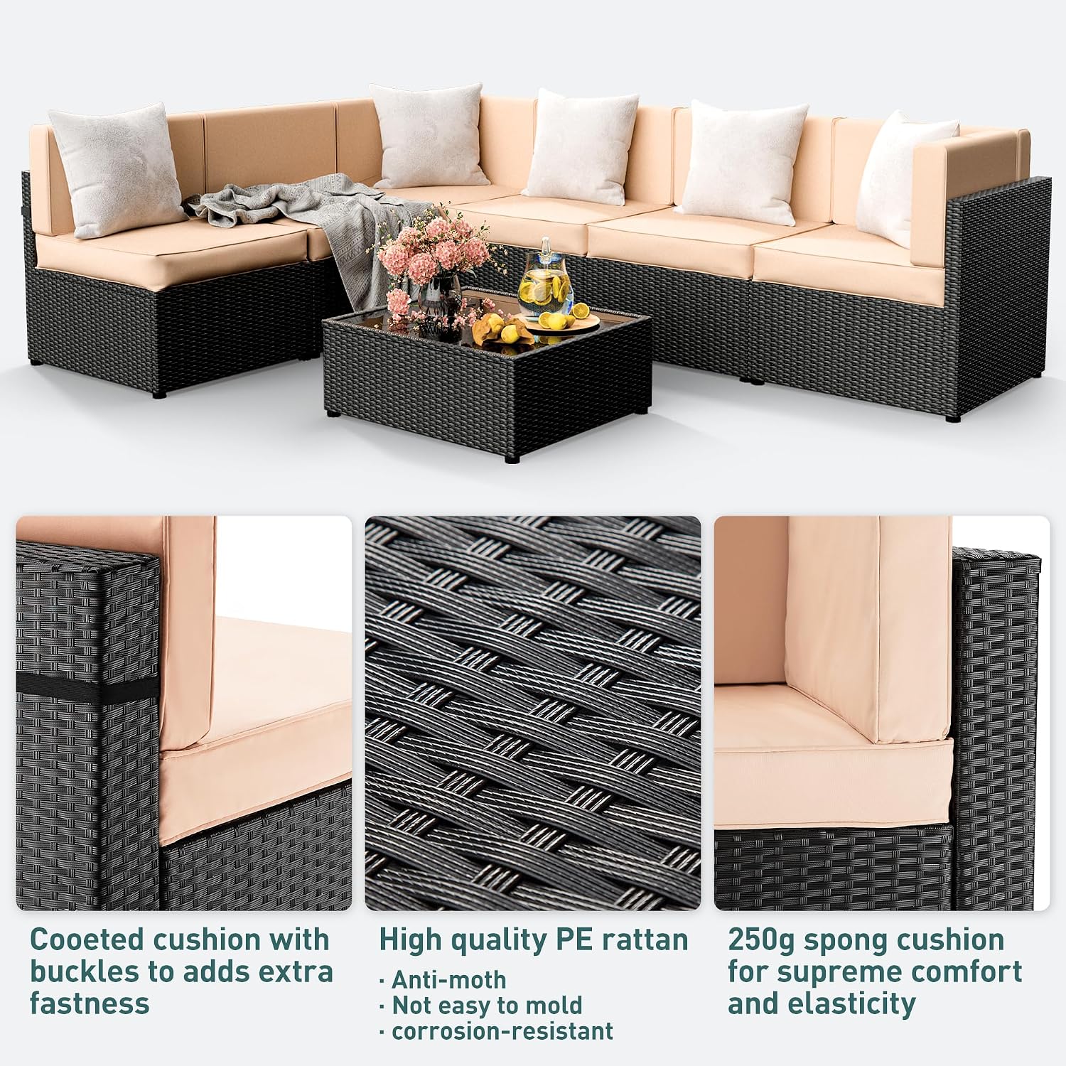 Pamapic 7 Pieces Outdoor Sectional Furniture，Wicker Patio sectional Furniture Sets，All-Weather Rattan Sectional Sofa Conversation Set with Coffee Table and Washable Couch Cushions Covers