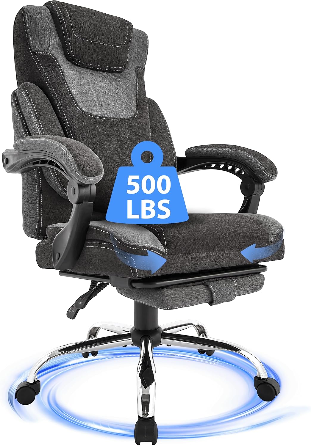 Massage Office Chair, Big and Tall Office Chair with Footrest, Ergonomic Executive Desk Chair with Extra Wide Seat, High Back&Padded Armrests, Reclining Fabric Computer Chairs, BlackGrey
