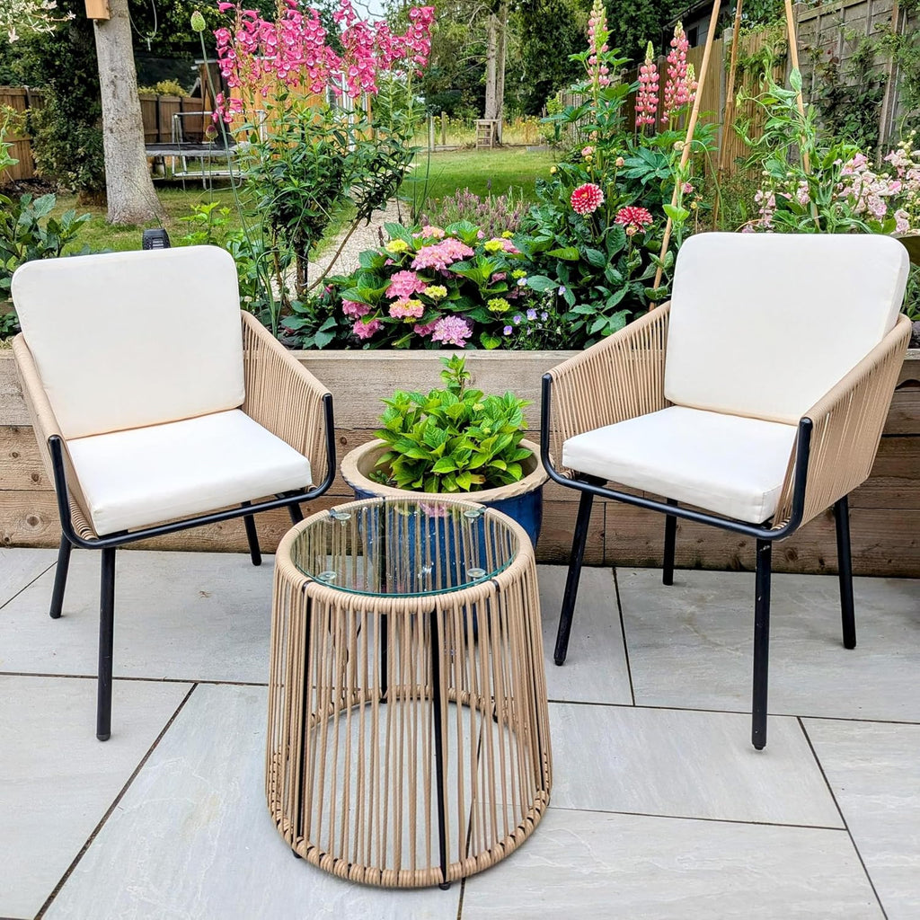 Yaheetech 3 Piece Patio Rattan Bistro Set, Outdoor All Weather PE Wicker Conversation Furniture Set with 2 Chairs & Tempered Glass Top Table & Cushions, for Poolside/Porch/Garden/Yard, Tan/Cream