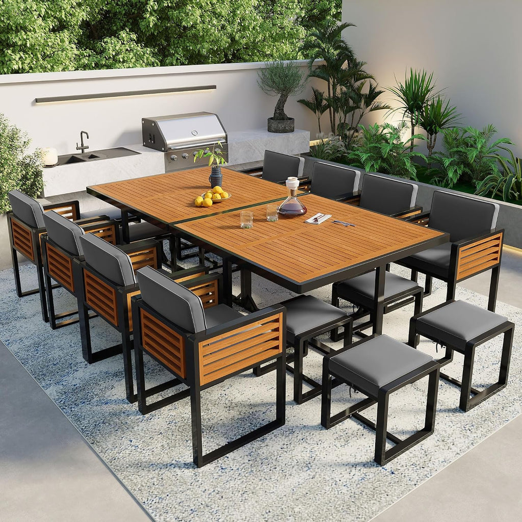 Merax 18 Pieces Outdoor Dining Set for 16 People, Acacia Wood Patio Furniture Sets with 2 Square Tables, 8 Cushioned Chairs and 8 Ottomans for Backyard, Garden, Lawn, Poolside, Gray