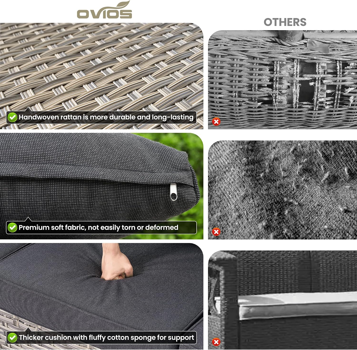 ovios 8-Piece Patio Furniture Set with L-Shape Sofa Chaise, Outdoor Sectional Couch Swivel Gliders Fire Pit Table, Modern Modular Wicker Rattan Conversation Set, Black