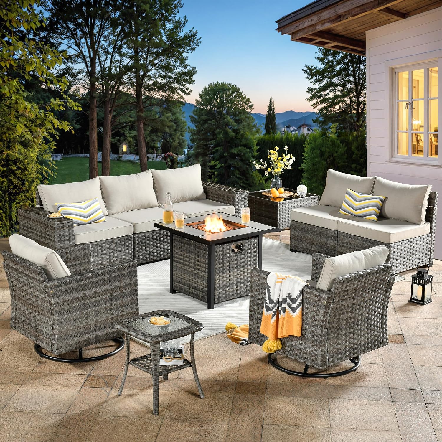 ovios 10 Pieces Patio Furniture Set, Outdoor Wicker Sectional Sofa with 30' Fire Pit Table Swivel Chairs, Modern Modular Deep Seat Rattan Couch Conversation Sets, Beige