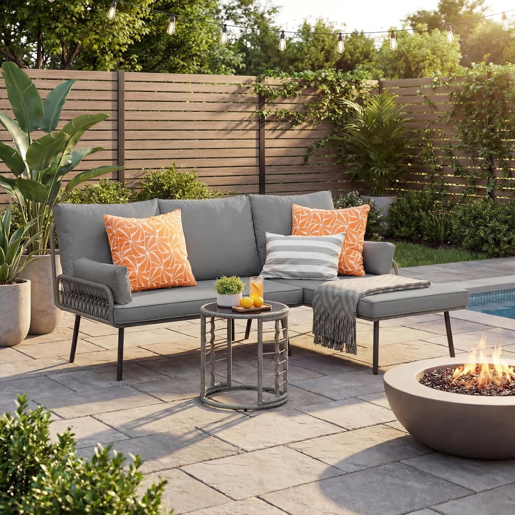 Gizoon 3-Piece Outdoor Patio Furniture Set, All-Weather PE Wicker L-Shaped Conversation Sofa with Thick Cushions & Glass Table, for Backyard, Porch, Balcony, Poolside (Grey)