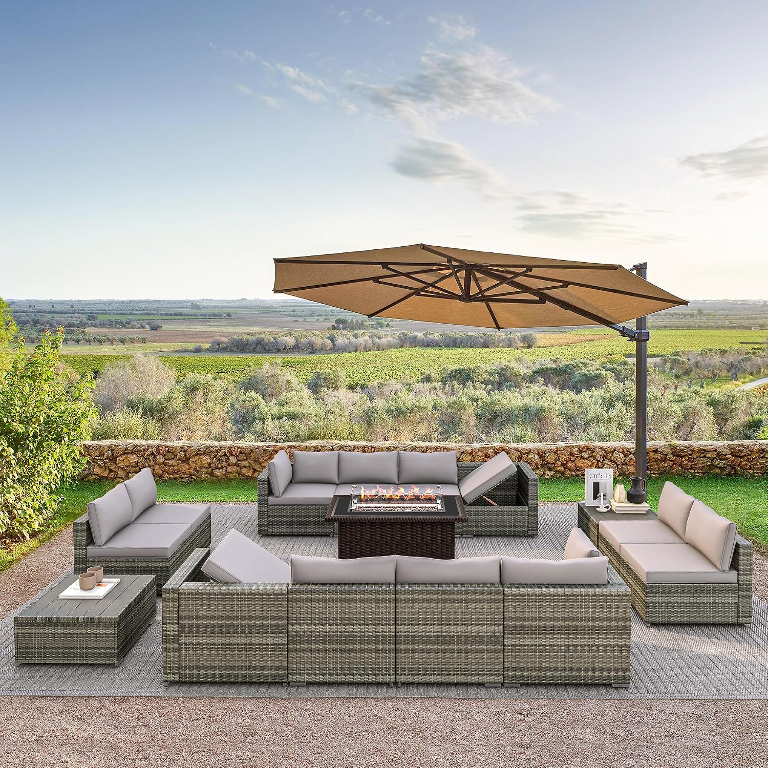 HOMREST 15 Pieces Outdoor Patio Furniture Set with 44' Propane Fire Pit Table, PE Rattan Sectional Sofa Conversation Set w/Adjustable Bracket, Wood Coffee Table for Backyard (Grey)
