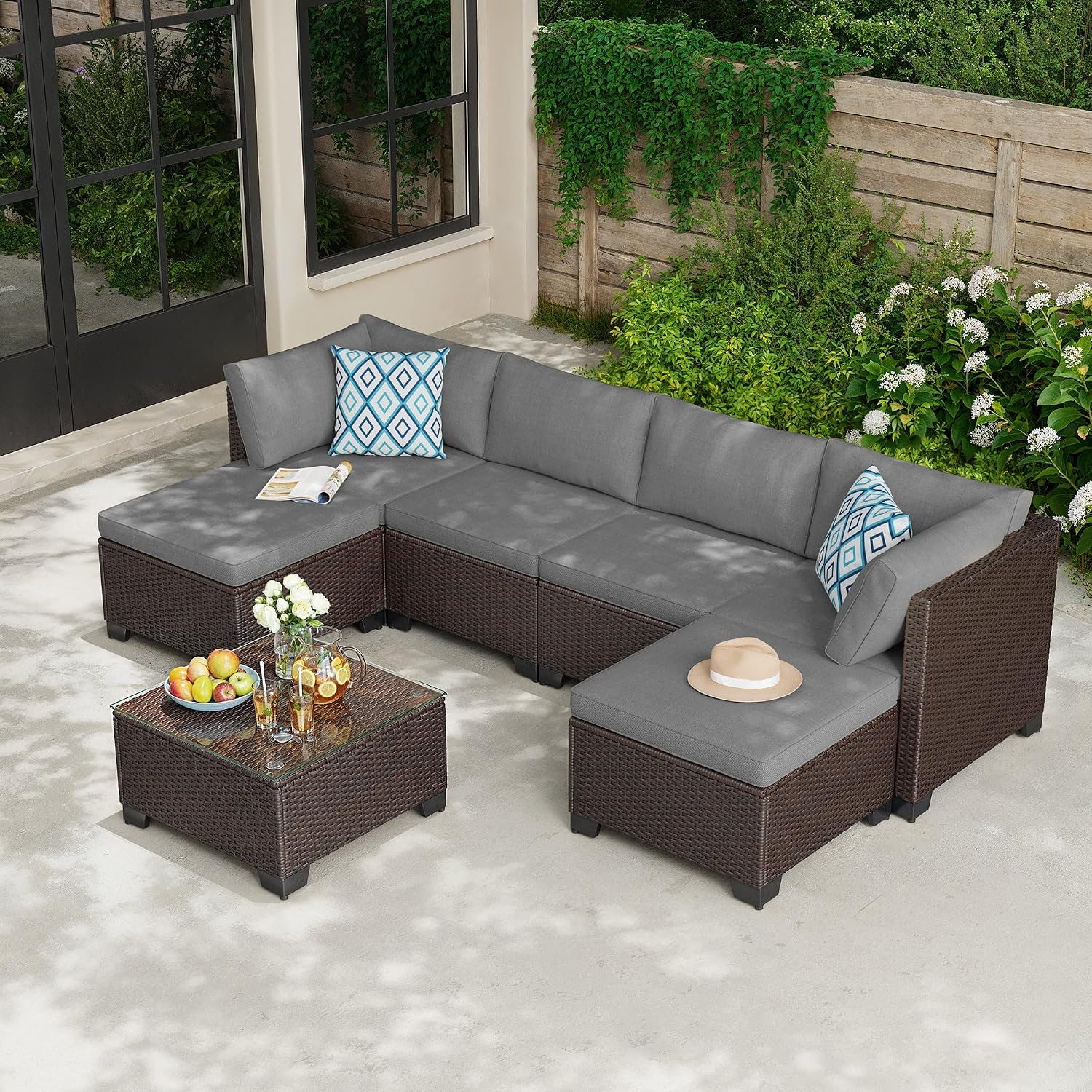 Gizoon 7 Pieces Outdoor Patio Furniture Set, All-Weather PE Rattan Wicker Sectional Sofa Seating with Waterproof Cushions and Coffee Table, Outdoor Conversation Set for Garden, Backyard, Balcony