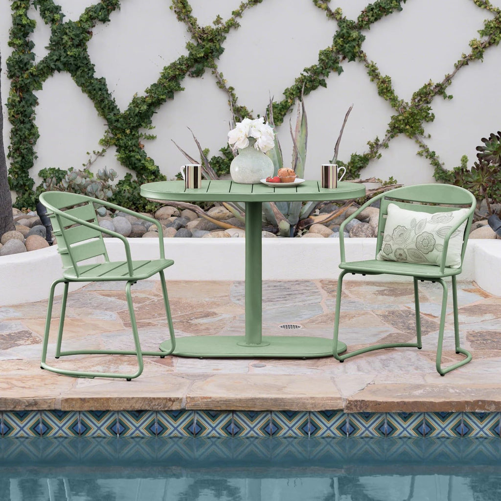 Christopher Knight Home Adley Outdoor Bistro Set, 3-Piece Bistro Table and Chair Set of 2, Patio Furniture Set with Iron Frame, Outdoor Bistro Dining Set, Poolside/Garden Cafeteria, Matte Dark Green