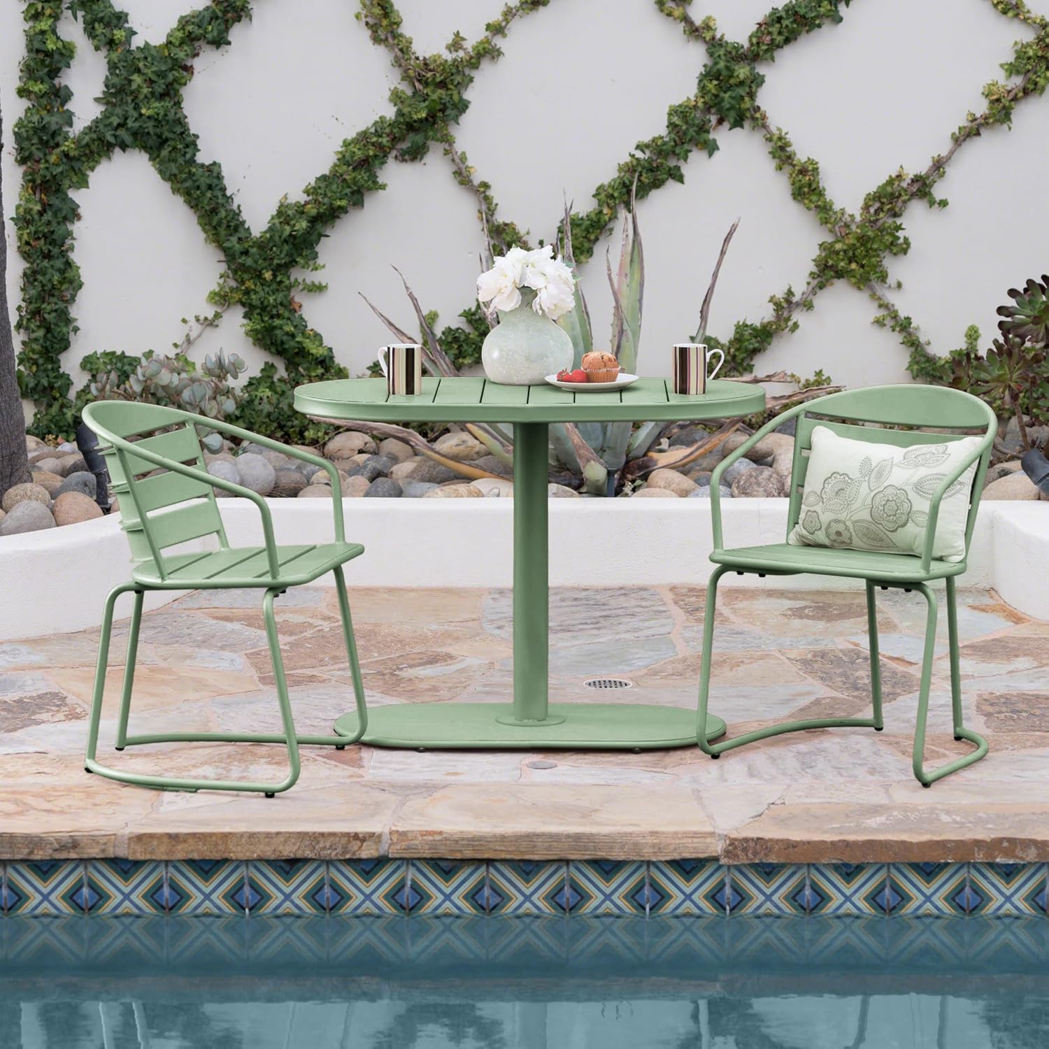 Christopher Knight Home Adley Outdoor Bistro Set, 3-Piece Bistro Table and Chair Set of 2, Patio Furniture Set with Iron Frame, Outdoor Bistro Dining Set, Poolside/Garden Cafeteria, Matte Dark Green