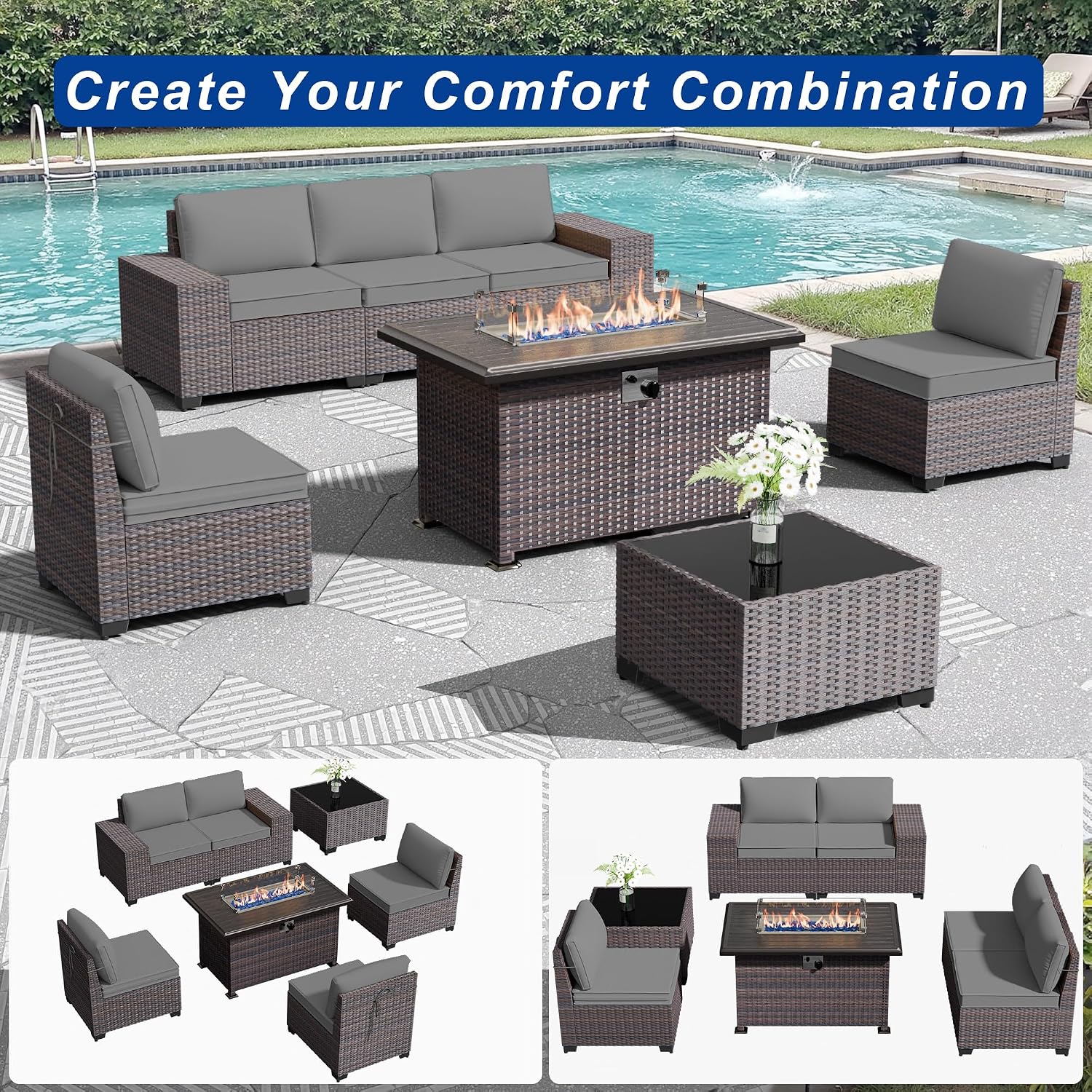 Outdoor Patio Furniture Set with Gas Fire Pit Table, 7 Pieces Patio Furniture Set Outdoor Sectional Sofa w/43in Propane Fire Pit, PE Wicker Rattan Patio Conversation Sets -Grey