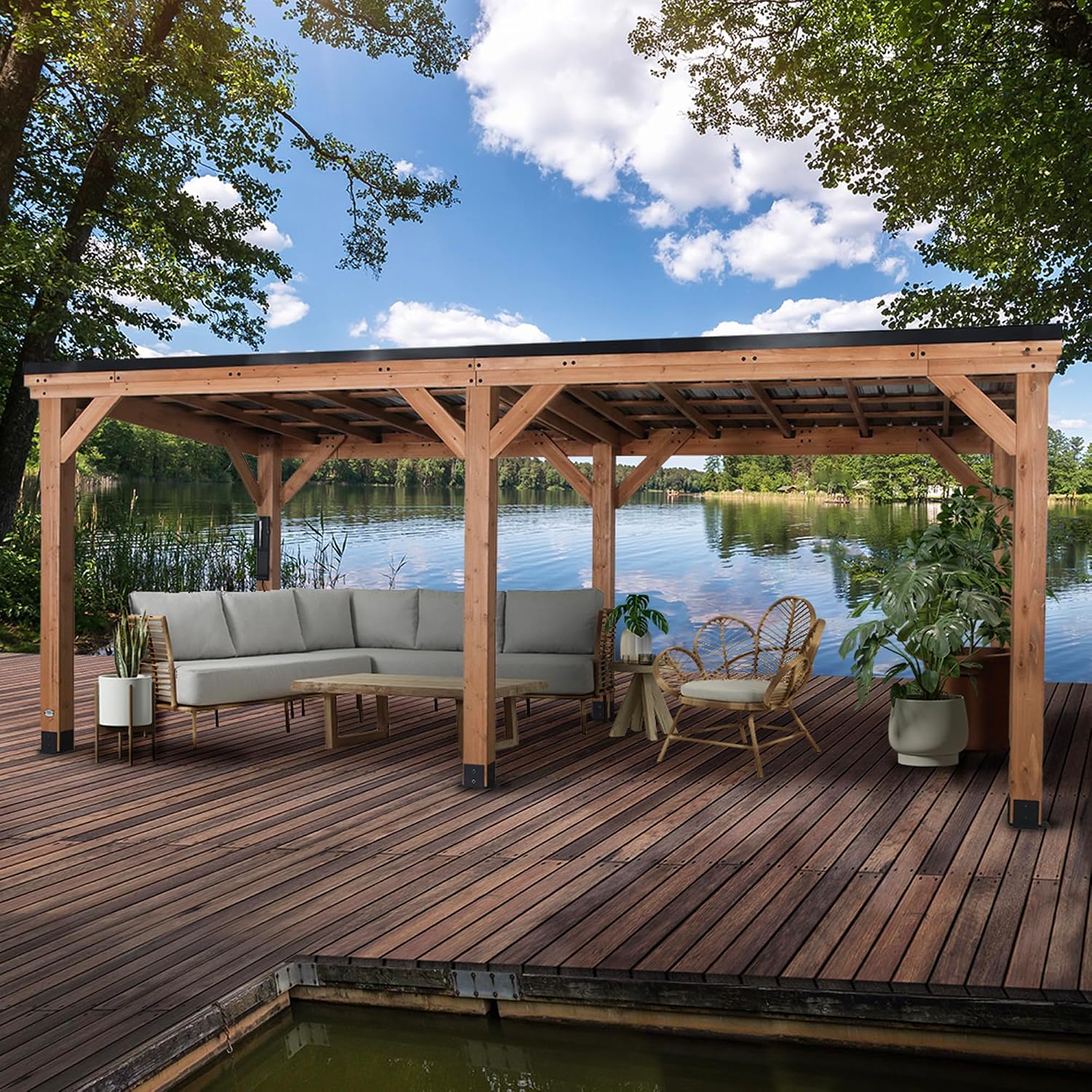 Backyard Discovery Arcadia 24' x 12' Cedar Wood Outdoor Gazebo Pavilion with Hardtop Galvanized Steel Slope Roof, Snow Support, Wind Resistance, PowerPort, Shade for Garden, Patio, Deck, Entertaining