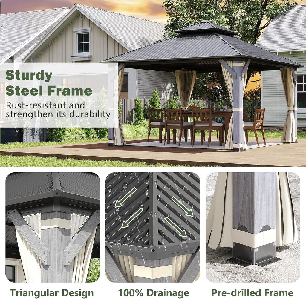 12'x12' Hardtop Wood Gazebo, Outdoor Double Roof Galvanized Steel Top Gazebo with Wooden Post, Curtains & Netting for Backyard, Patio, Deck (12x12 FT)