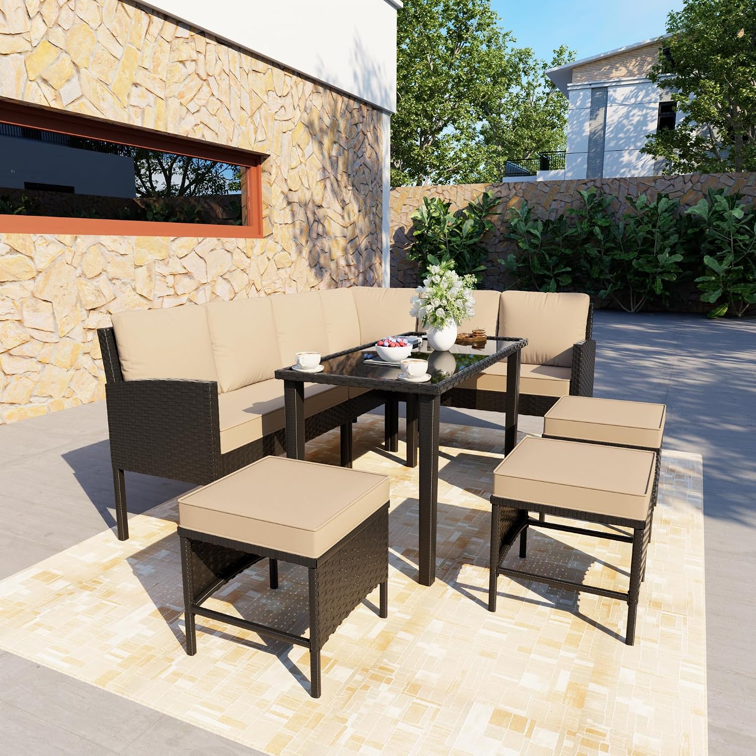 7 Pieces Patio Conversation Set, Outdoor Furniture Sectional with Throw Pillows and Anti-Slip Cushions, PE Rattan Sofa Set with Dining Table & Ottomans, Khaki