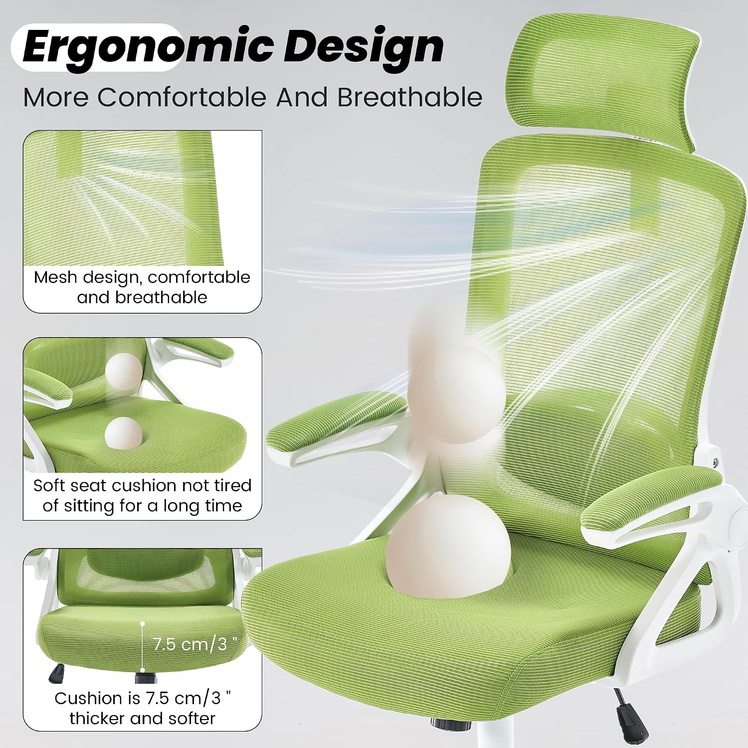 Fizzin Ergonomic Office Chair, 400 LBS Desk Chair with Adjustable Lumbar Support, High Back Breathable Mesh Computer Chair Rolling Work Swivel Task Chairs, Comfy Home Office Desk Chair (Green)