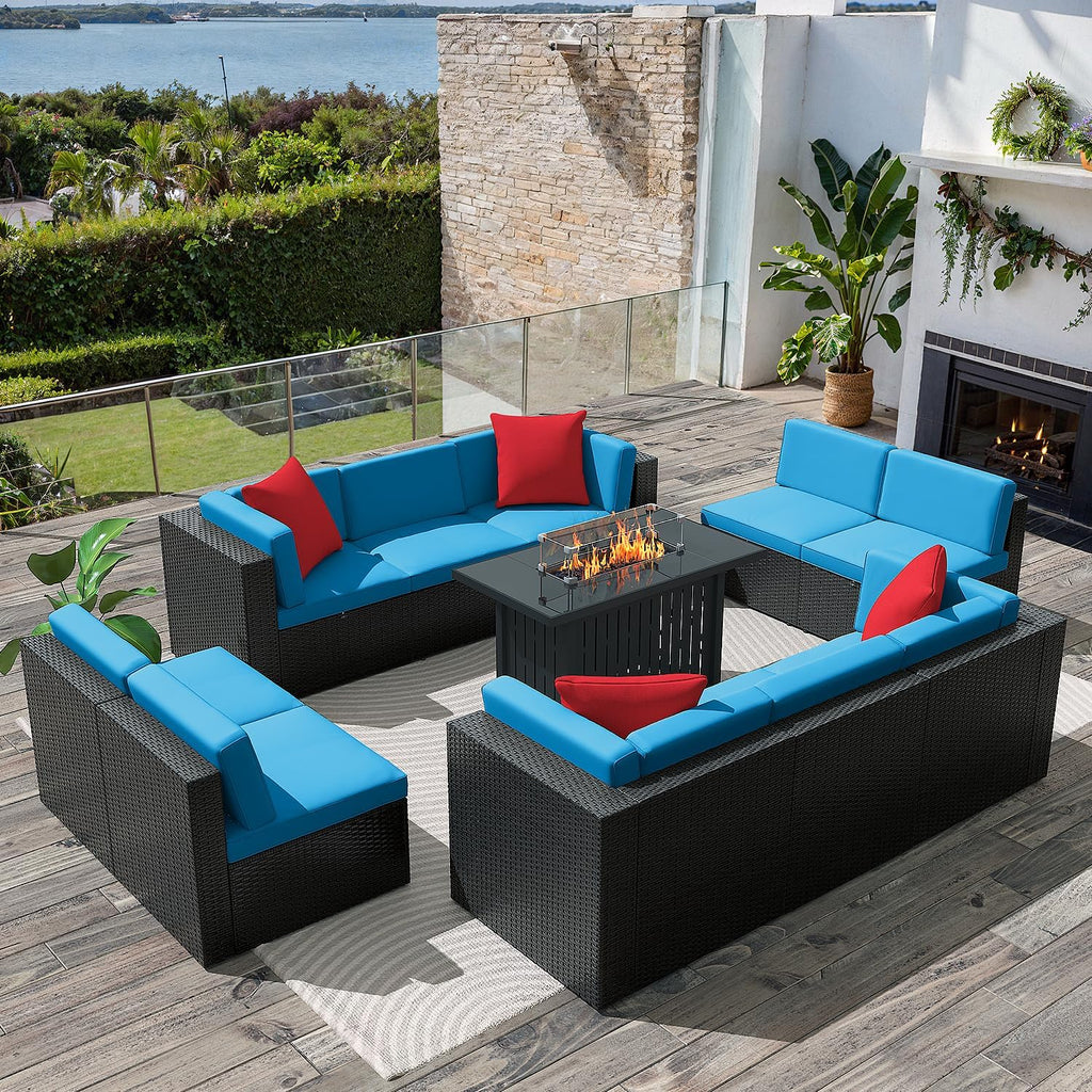 Greesum Patio Furniture Sets 11-Pieces Outdoor PE Rattan Sectional Sofa w/43in Gas Fire Pit Table 55000 BTU Add Warmth to Gatherings Parties On Deck Garden Backyard,Blue