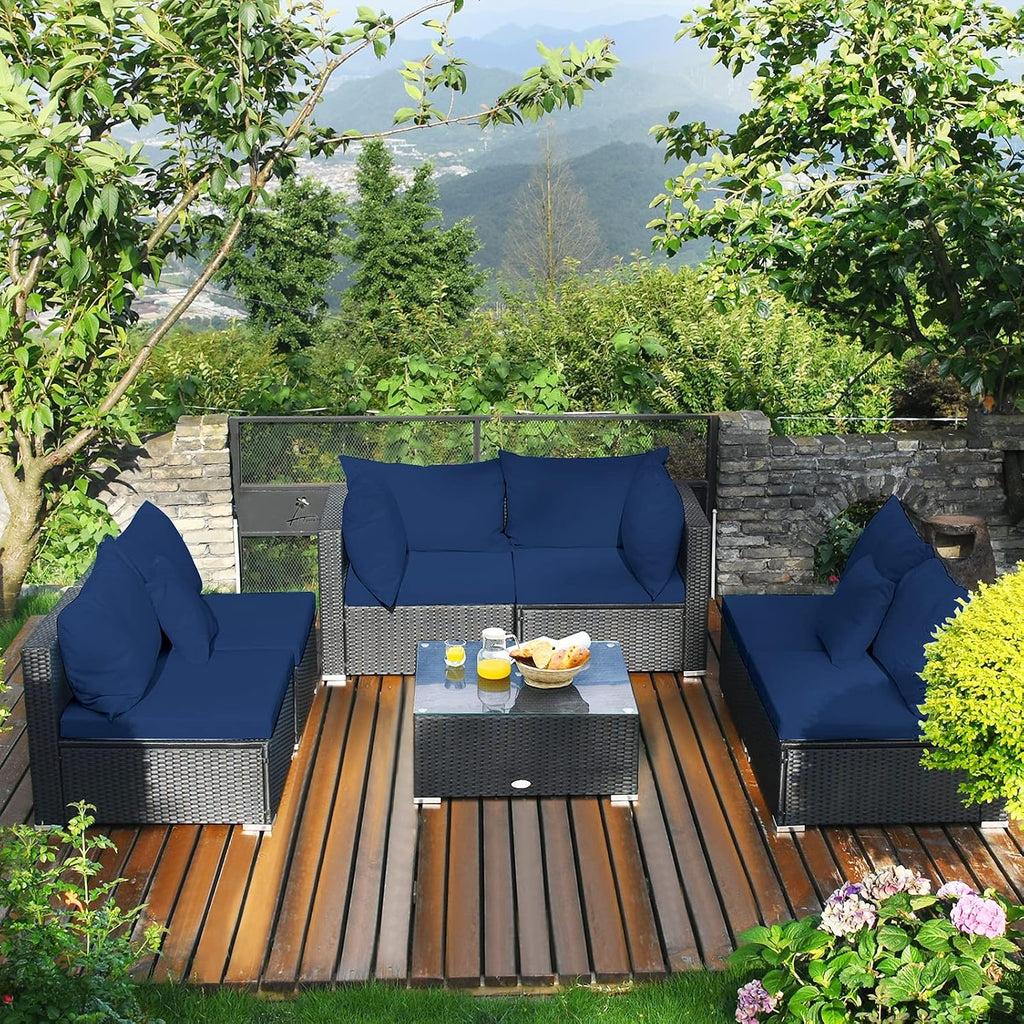Tangkula 7-Piece Patio Furniture Set, Outdoor Sectional Wicker Sofa with Pillows and Cushions, Conversation Set with Coffee Table & Tea Table for Garden, Lawn (Navy Blue)
