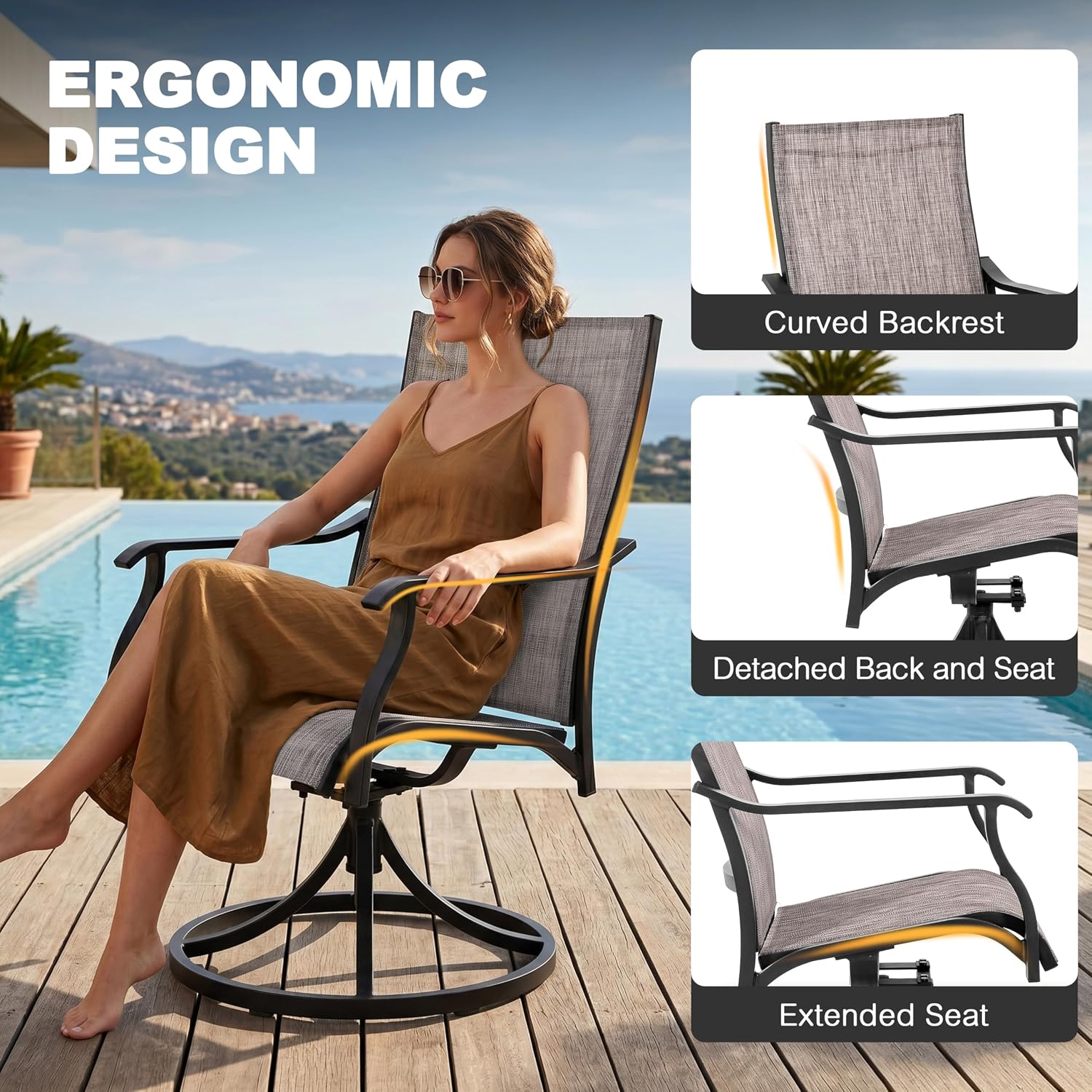 NUU GARDEN Swivel Patio Chair Set of 2, All-Weather Textilene Outdoor Dining Chairs with High Back, Outdoor Dining Chair Set for Lawn Porch Balcony Outside, Grayish Brown