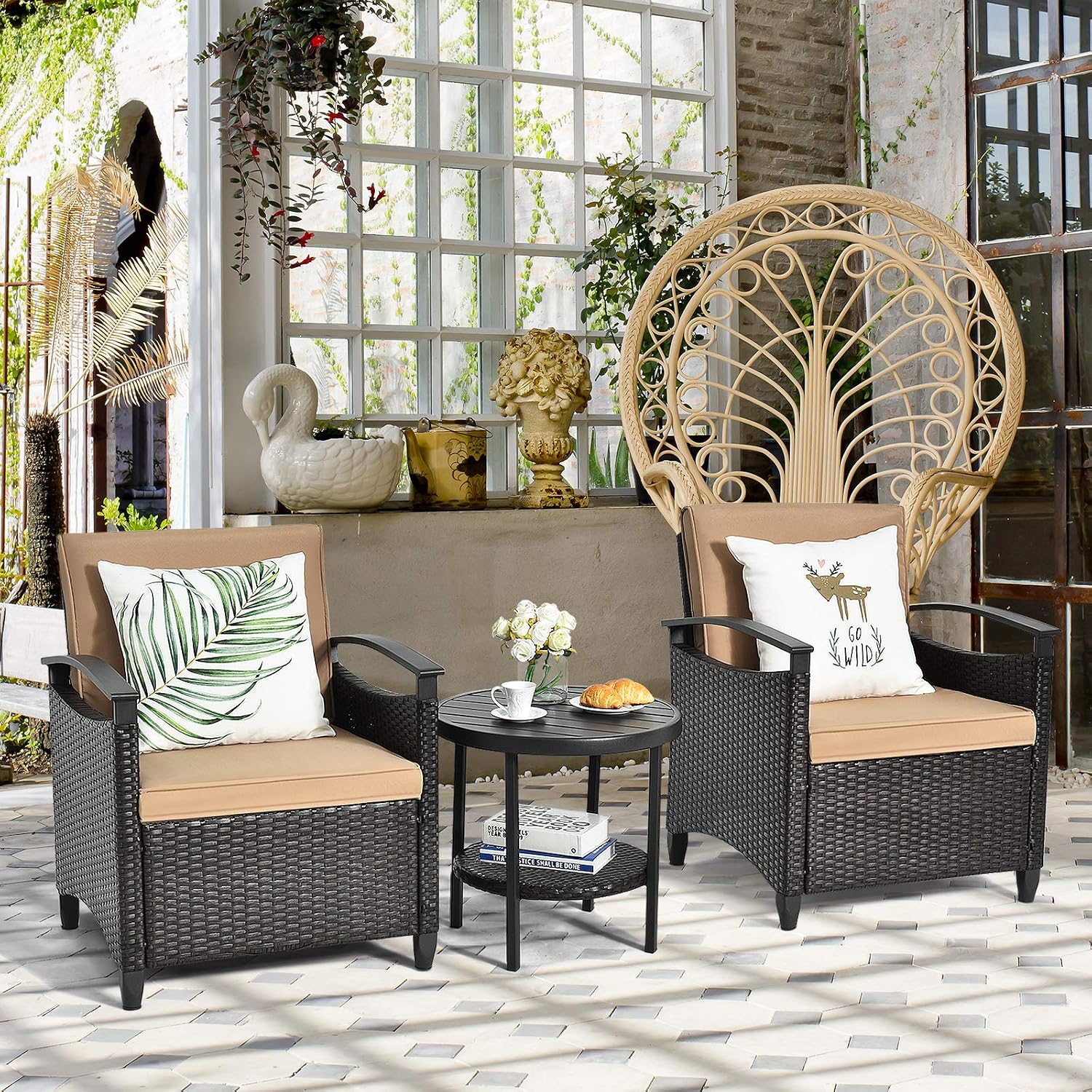 Tangkula 3 Piece Rattan Sofa Set, Patio Conversation Bistro Set w/Coffee Table, Seat and Back Cushions, Sturdy Steel Frame, Outdoor Furniture Set for Garden, Backyard, Balcony, Poolside