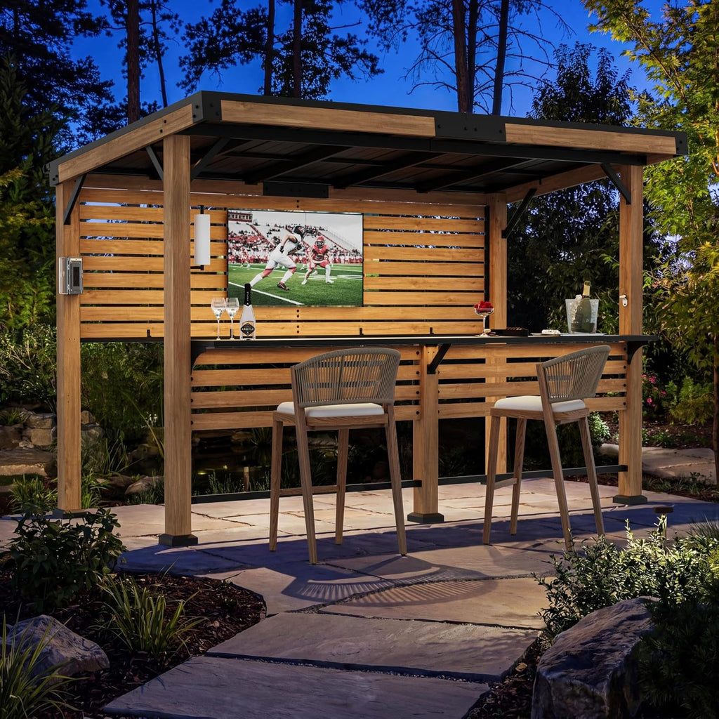 Modern Shade Woodberry Outdoor Bar 6' X 12' with TV Mount, Cedar Wood Gazebo with Dual bar Tops & Shelves, Grill Gazebo with USB and USB-C Charging Ports, Bar Gazebo with Dual Bar Counters for Patio