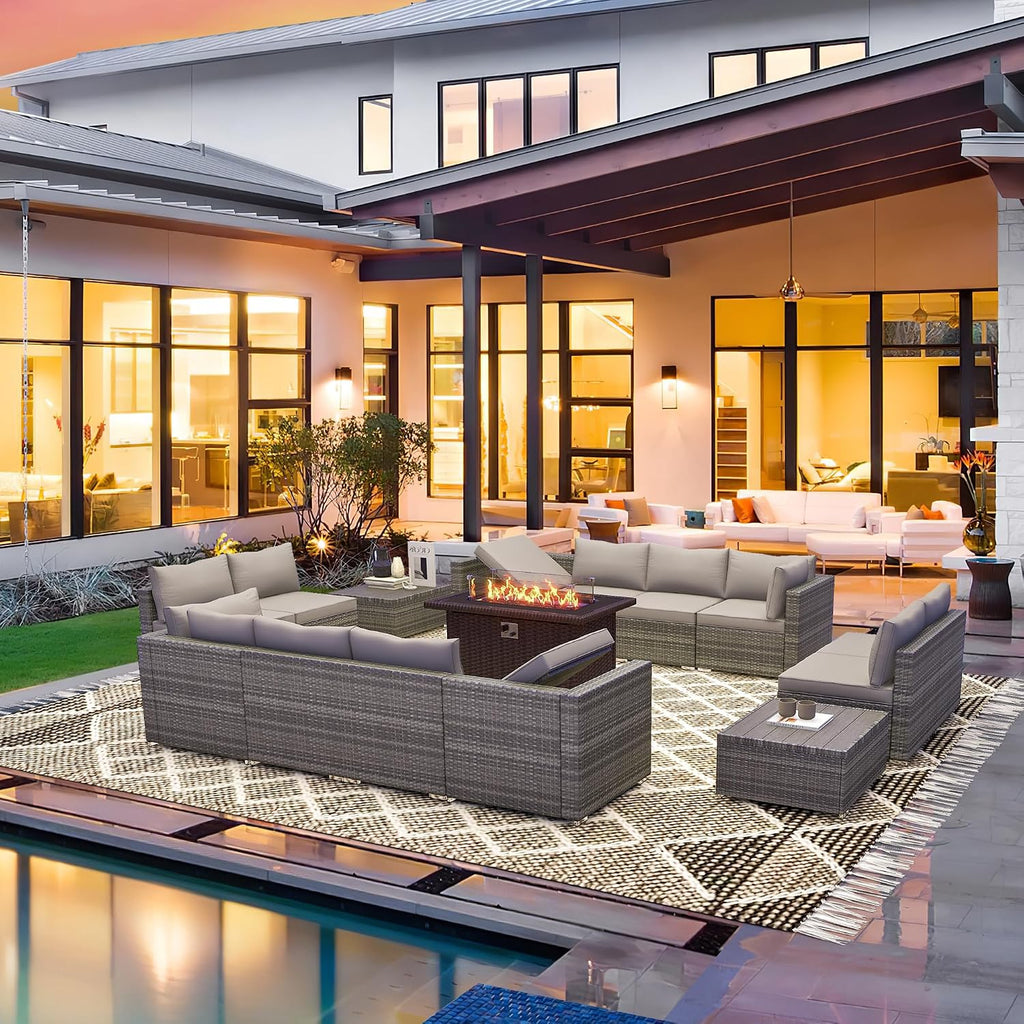 HOMREST 15 Pieces Outdoor Patio Furniture Set with 44' Propane Fire Pit Table, PE Rattan Sectional Sofa Conversation Set w/Adjustable Bracket, Wood Coffee Table for Backyard (Grey)