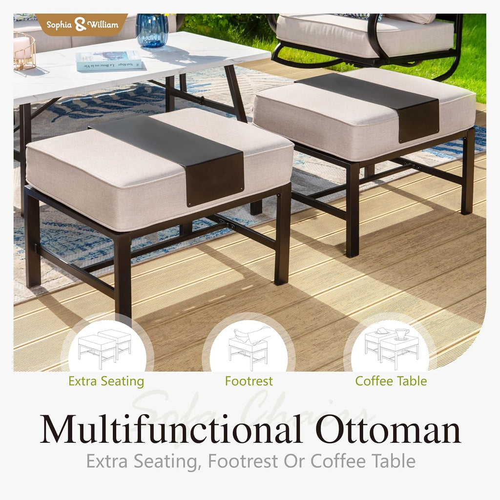 Sophia & William Patio Furniture Sets for 5 Outdoor Metal Conversation Sets 5 Pcs with 2 x Cushioned Swivel Sofa Chairs, 2 x Ottomans as Coffee Table, 1 x 3-Seat Sofa, Lawn Backyard Poolside Beige