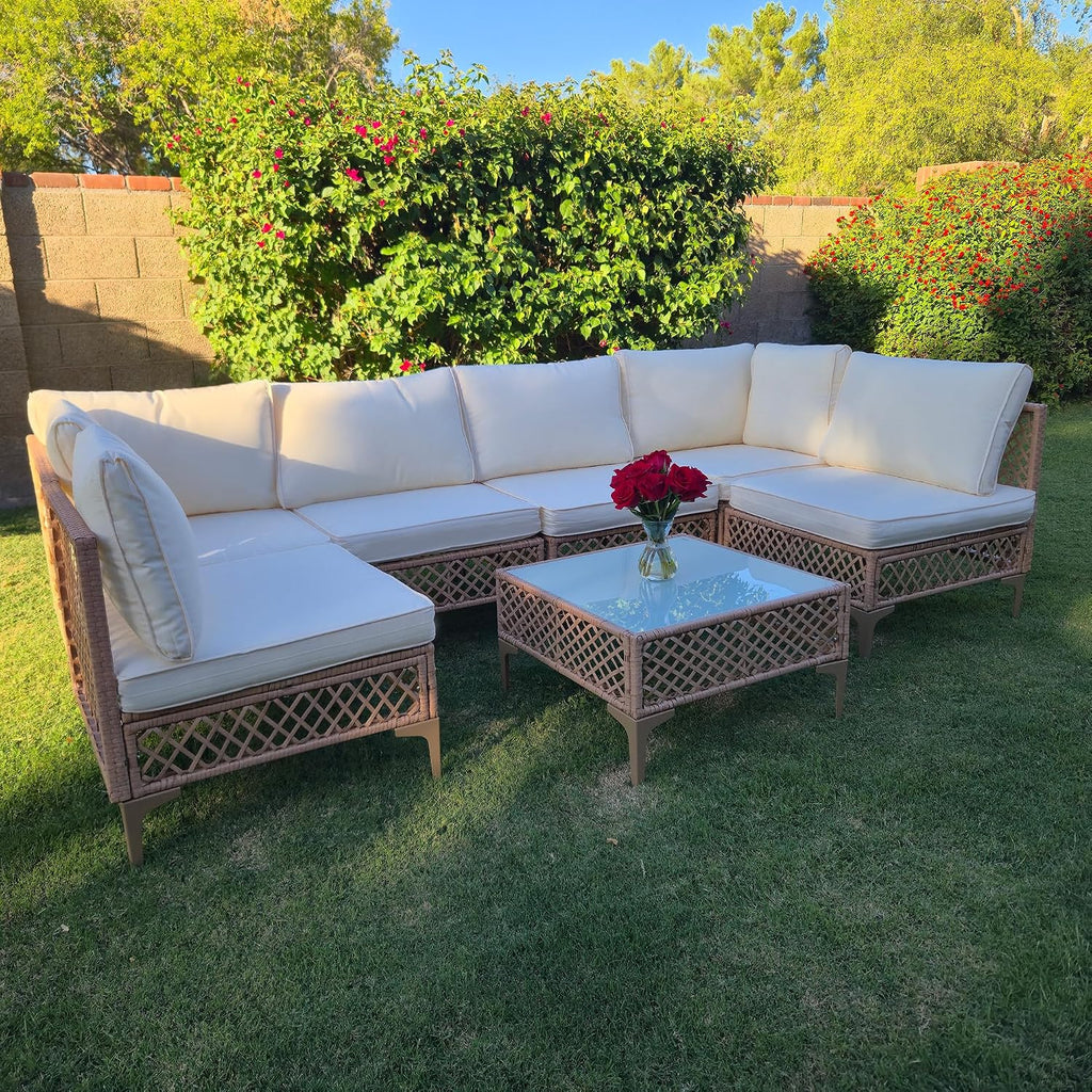 FHFO 7 Piece Patio Furniture Set, Outdoor Wicker Modular Sectional Patio Conversation Set with Thicker Cushion & Tempered Glass Coffee Table for Backyard, Poolside, Porch (Yellow/Beige)