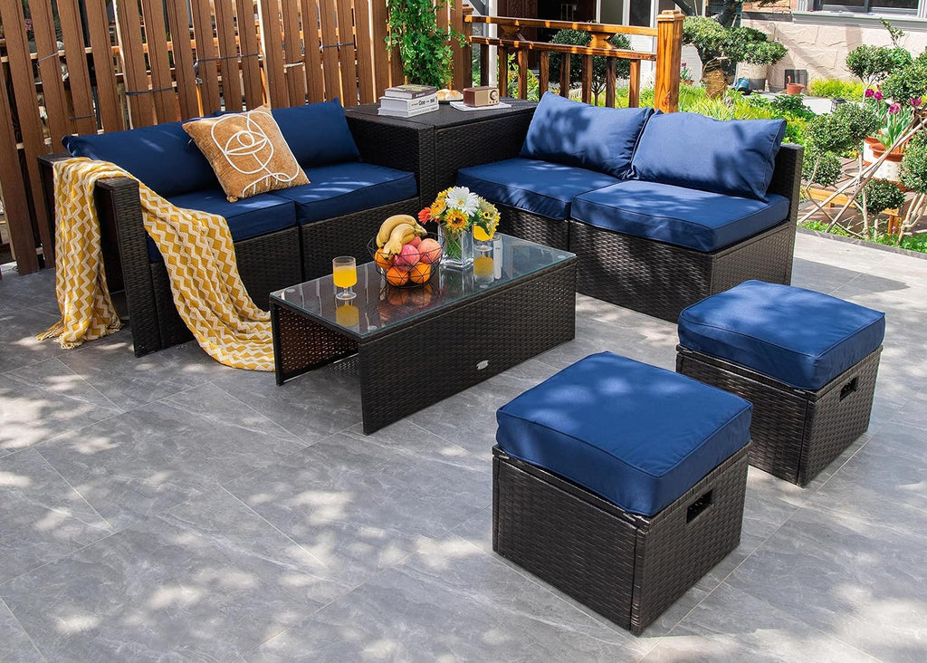 Tangkula 8 Piece Patio Furniture Set, Patiojoy Outdoor Space Saving PE Rattan Sectional Sofa Set for 6 with Waterproof Cover, for Garden, Deck, Poolside and Balcony (Navy)