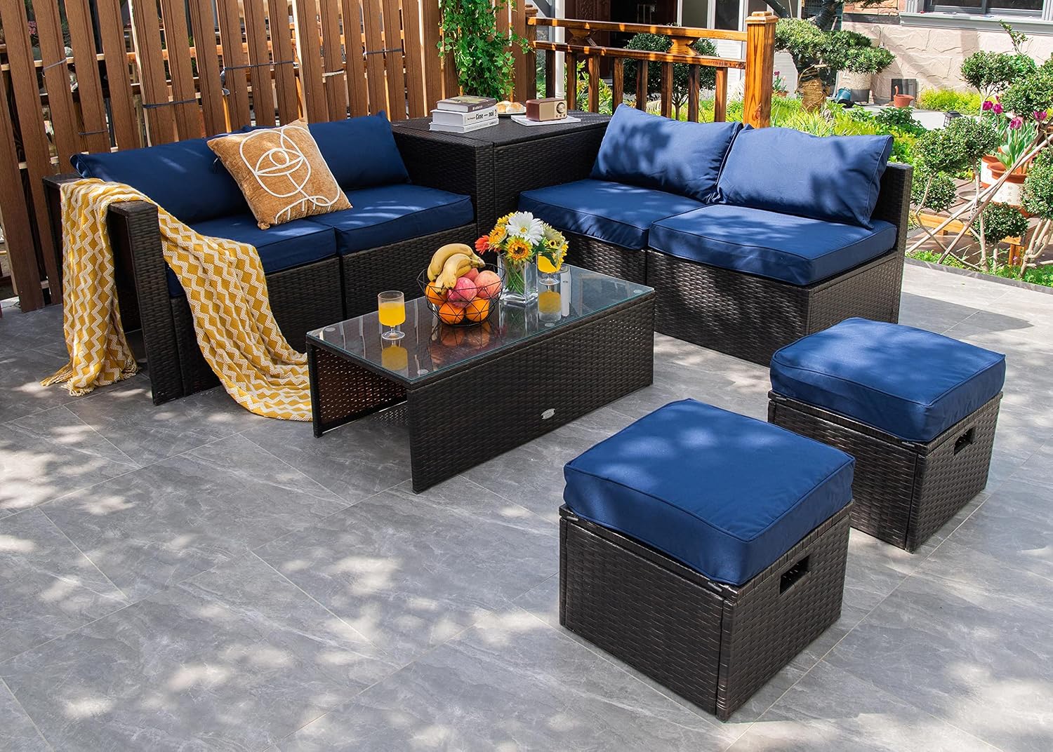 Tangkula 8 Piece Patio Furniture Set, Patiojoy Outdoor Space Saving PE Rattan Sectional Sofa Set for 6 with Waterproof Cover, for Garden, Deck, Poolside and Balcony (Navy)